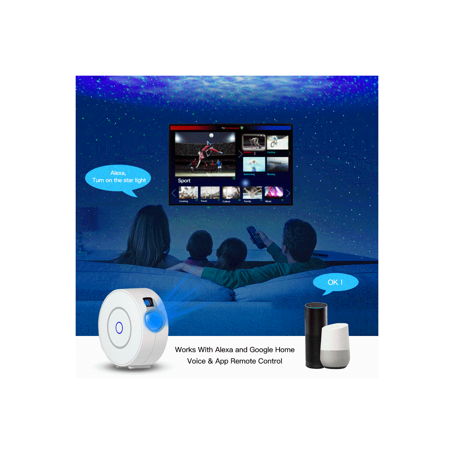 Projecteur Wi-Fi à éclairage nocturne RVB de naavor avec minuterie compatible avec Alexa et Google Home, étoiles Nebula rotatives pour chambre à