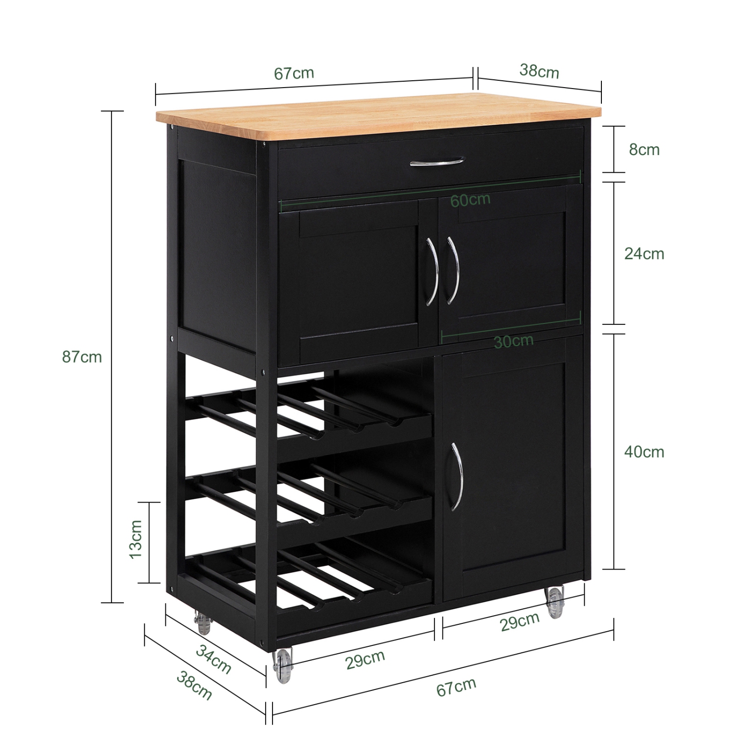 SoBuy FKW45-SCH, chariot de service de rangement de cuisine avec surface de travail en hévéa, armoire de rangement de cuisine, noir