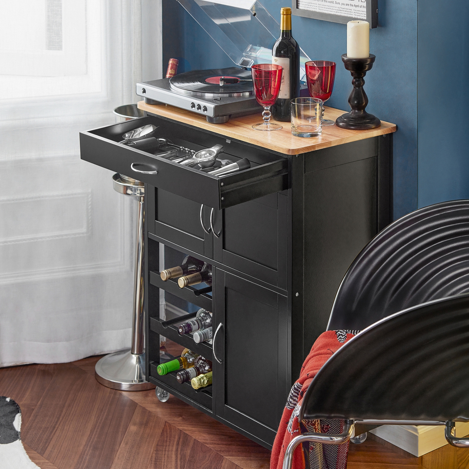 SoBuy FKW45-SCH, chariot de service de rangement de cuisine avec surface de travail en hévéa, armoire de rangement de cuisine, noir