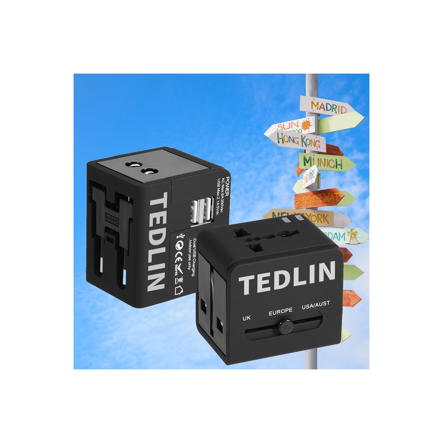 TEDLIN Universal International Travel Power Adapter with 2 High Speed USB Ports, for Over 150 Countries including USA, Europe, UK & Asia