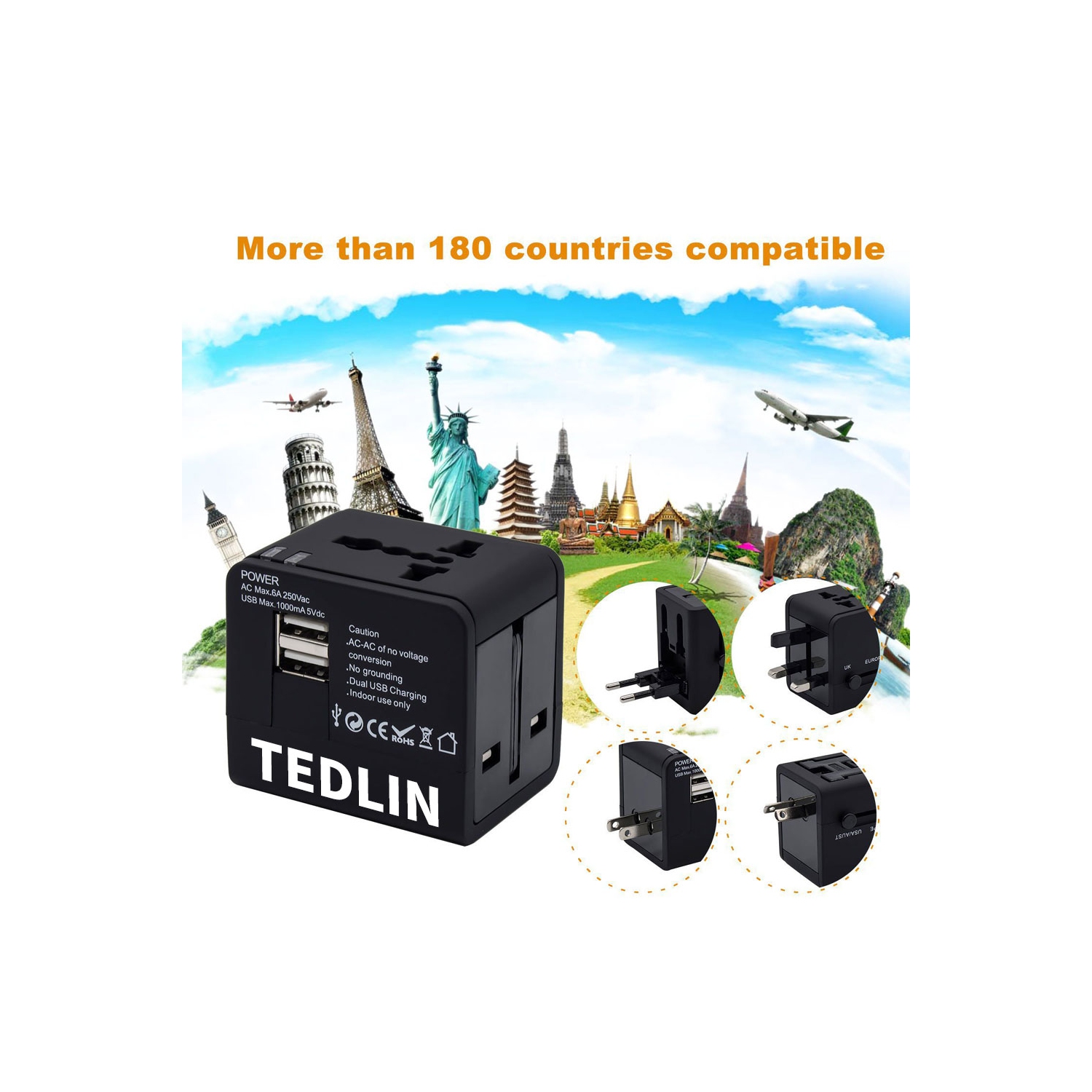 TEDLIN Universal International Travel Power Adapter with 2 High Speed USB Ports, for Over 150 Countries including USA, Europe, UK & Asia