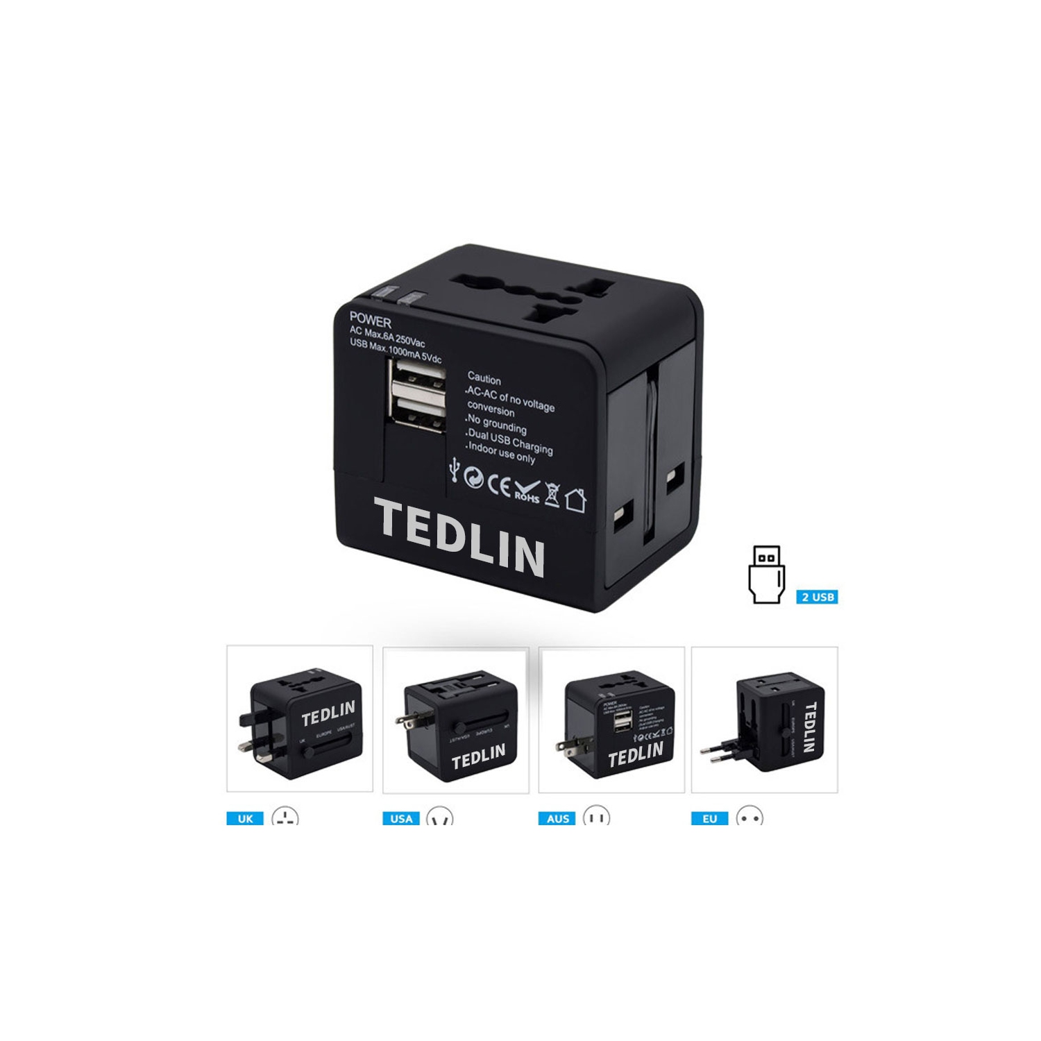 TEDLIN Universal International Travel Power Adapter with 2 High Speed USB Ports, for Over 150 Countries including USA, Europe, UK & Asia