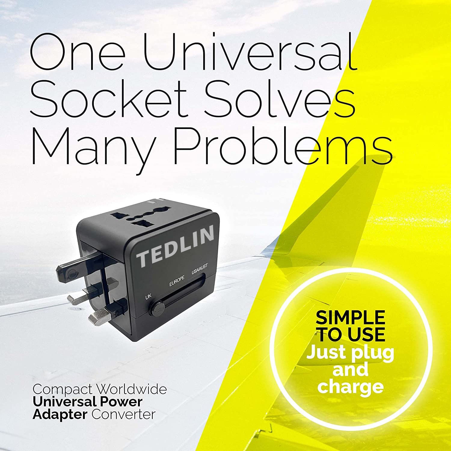 TEDLIN Universal International Travel Power Adapter with 2 High Speed USB Ports, for Over 150 Countries including USA, Europe, UK & Asia