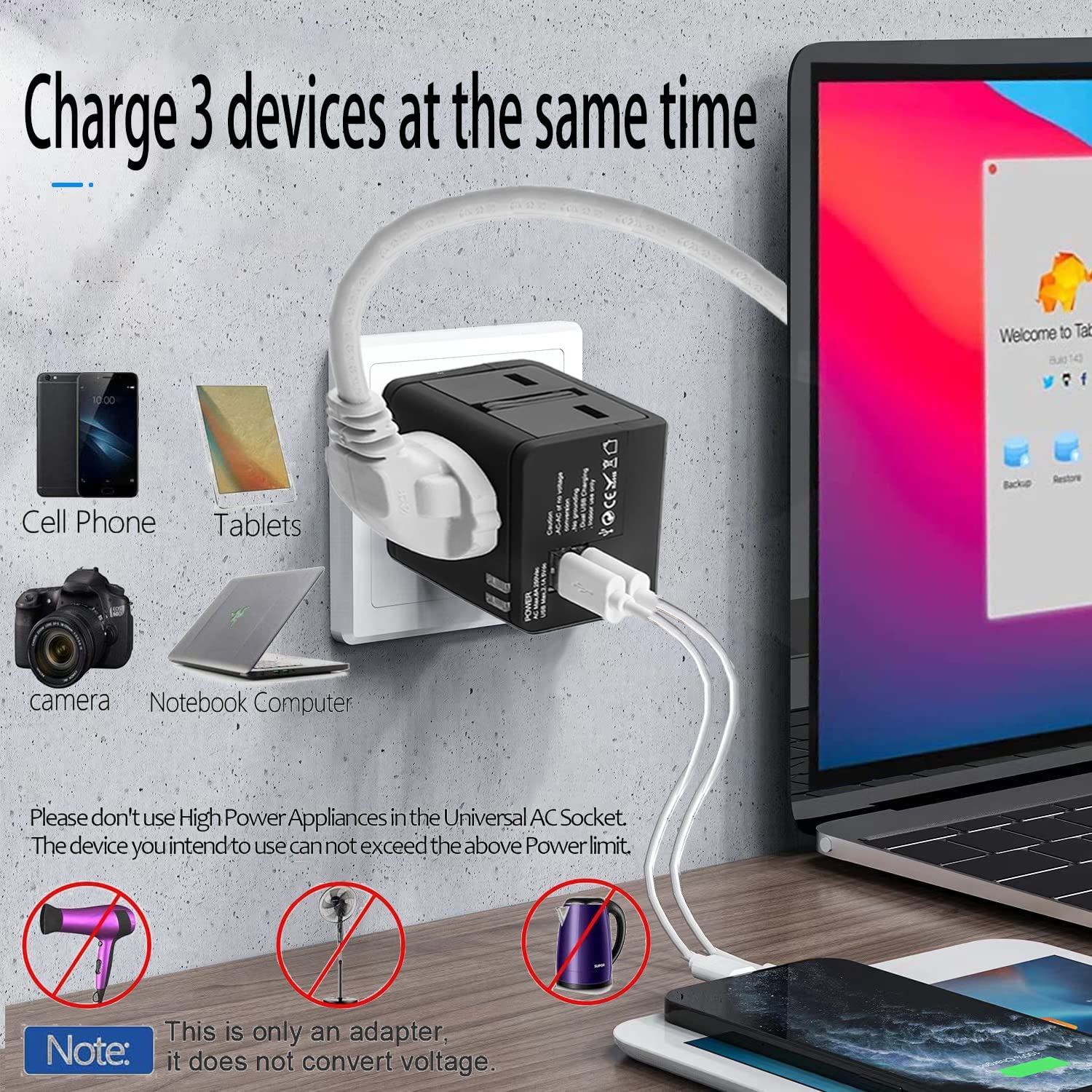 TEDLIN Universal International Travel Power Adapter with 2 High Speed USB Ports, for Over 150 Countries including USA, Europe, UK & Asia