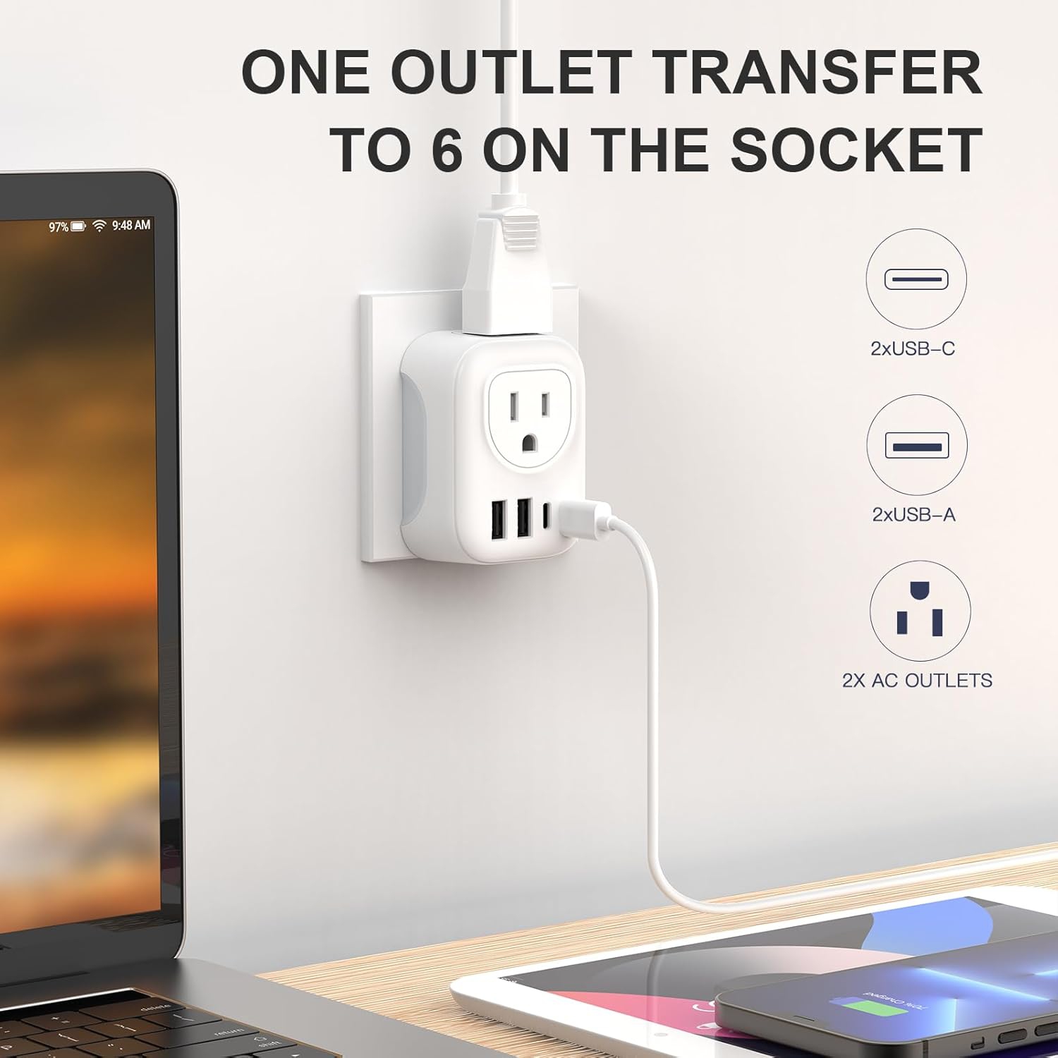 KROLEAR European 2 in 1 Travel Plug Adapter with 4 USB and USB C Multifunctional 6 in 1 Grounded Adapter for Most of Europe EU Italy Spain France