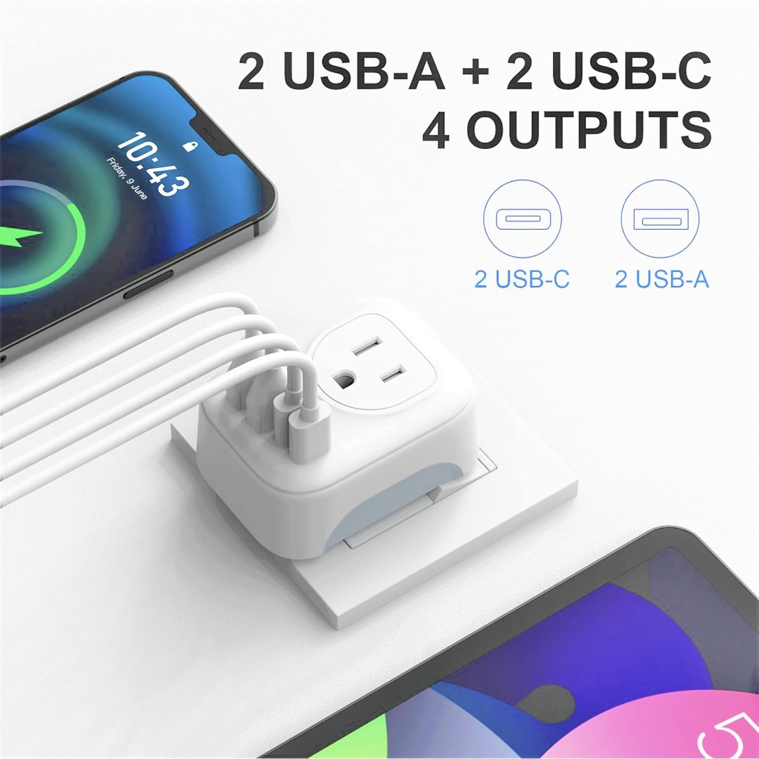 KROLEAR European 2 in 1 Travel Plug Adapter with 4 USB and USB C Multifunctional 6 in 1 Grounded Adapter for Most of Europe EU Italy Spain France