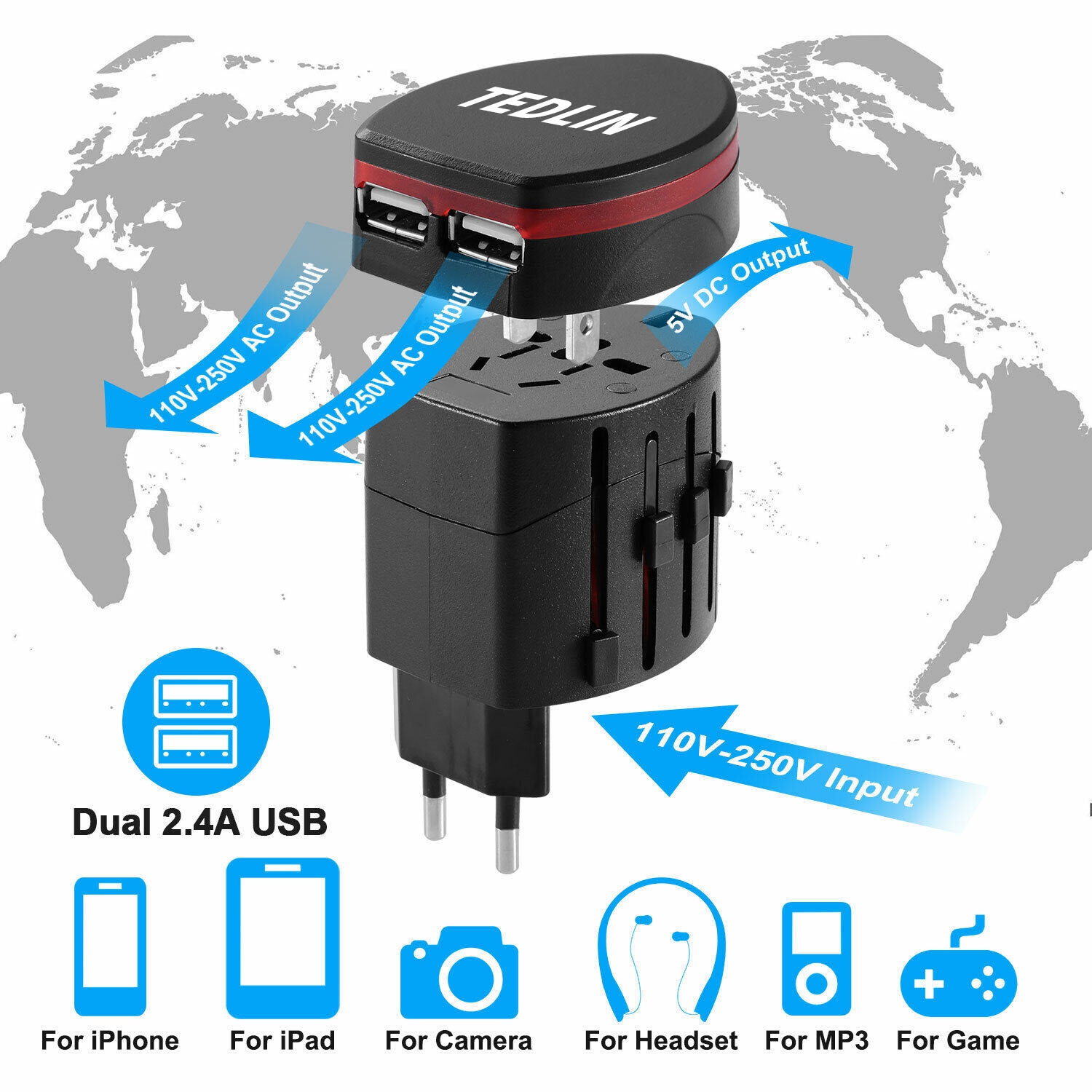 Adaptateur d'alimentation de voyage international TEDLIN avec 2 ports USB 2,1A adaptateur de voyage tout-en-un pour plus de 150 pays prise électrique