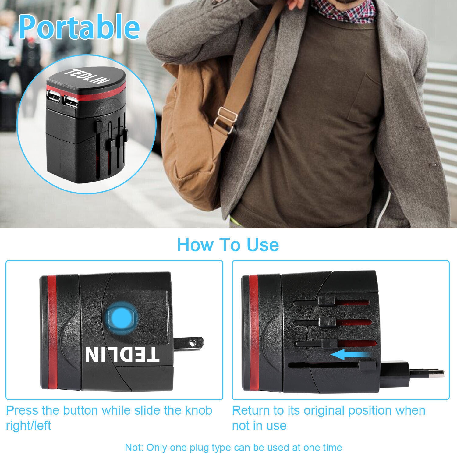 Adaptateur d'alimentation de voyage international TEDLIN avec 2 ports USB 2,1A adaptateur de voyage tout-en-un pour plus de 150 pays prise électrique