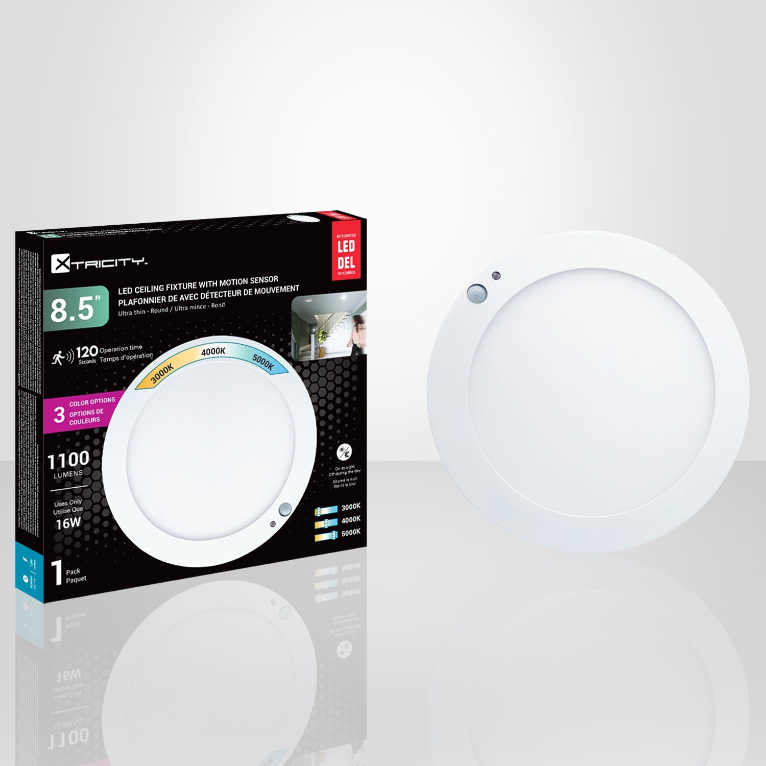 Xtricity - LED Ceiling Light with Motion Sensor, 8.5" Diameter, 16W, 11000 Lumens, Three Lighting Color Options