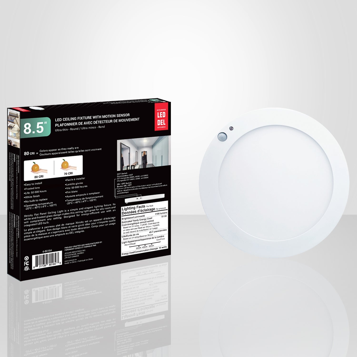 Xtricity - LED Ceiling Light with Motion Sensor, 8.5" Diameter, 16W, 11000 Lumens, Three Lighting Color Options