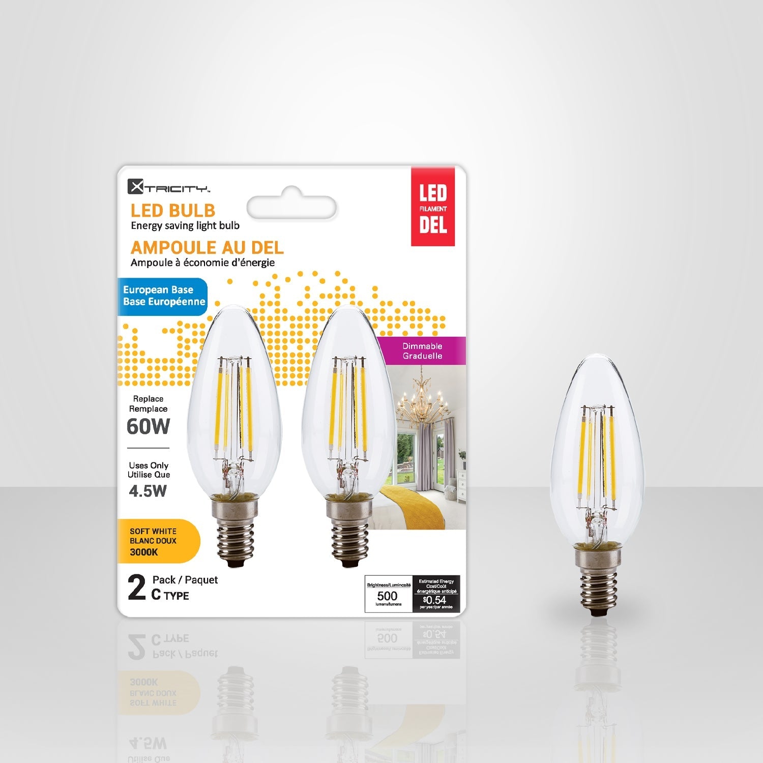 Xtricity – Ensemble de 2 ampoules à DEL écoénergétiques, intensité réglable, type C, 4,5&nbsp;W, 3000K blanc doux