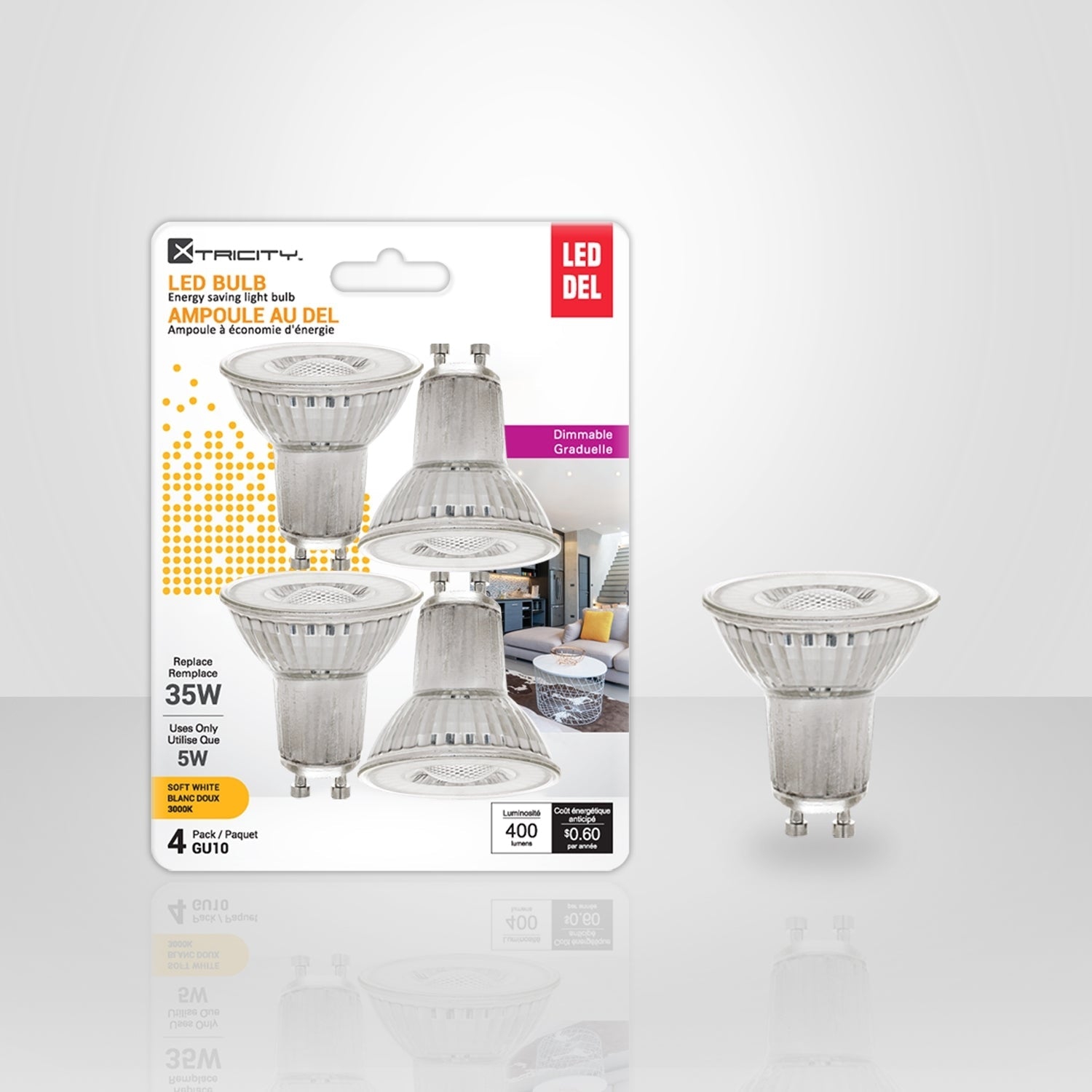 Xtricity - Set of 4 Dimmable Energy Saving LED Bulbs, Type GU10, 5W, 3000K Soft White