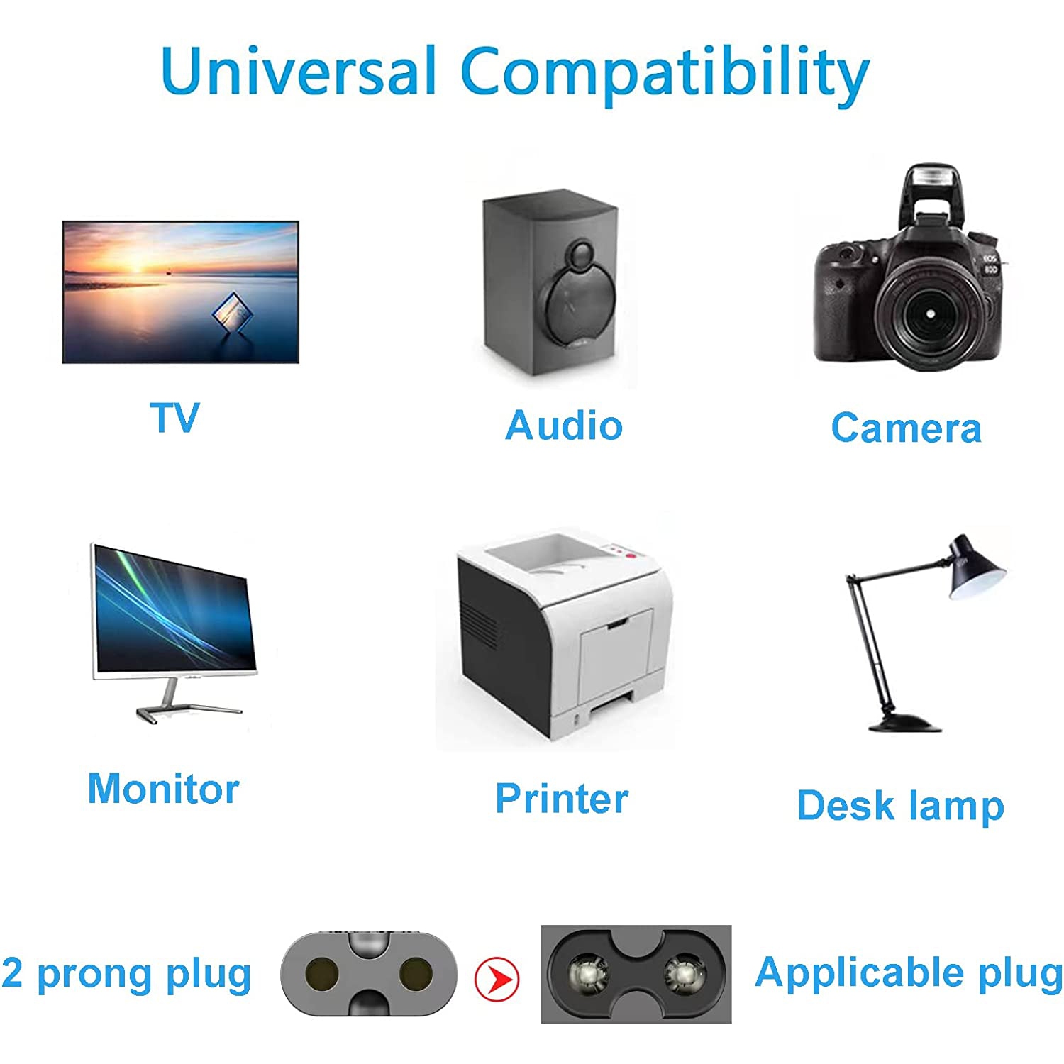 Cordon d'alimentation de téléviseur pour Samsung LG TCL Sony Toshiba, fiche murale c.a. à 2 broches, câble à 2 fentes pour portable Acer de HP
