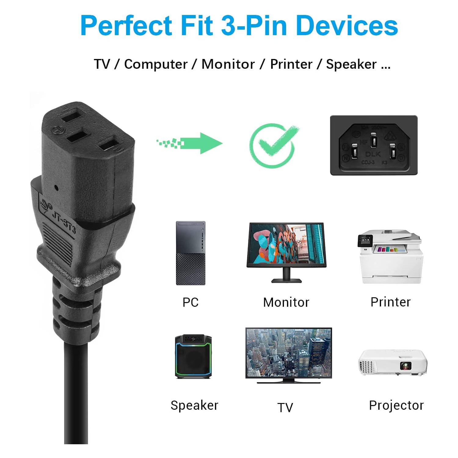 3 Prong Power Cord Replacement for Vizio TV, Vizio VX32L VW32L VX37L VW26L VA6 VMM26 LCD TV Power Cable