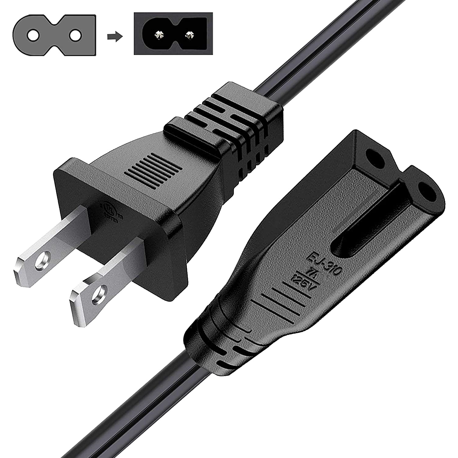 15Ft Extra Long 2 Prong Polarized Power Cord for Vizio-LED-TV Smart-HDTV E-M-Series Sound Bar 2 Slot