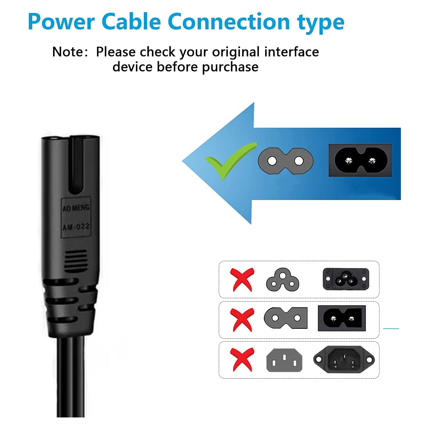 Cordon d'alimentation c.a. DE 5ft PI pour Samsung LG TCL Sony Toshiba de Samsung, prise murale c.a. à 2 fentes, câble à 2 broches pour HP Asus Acer