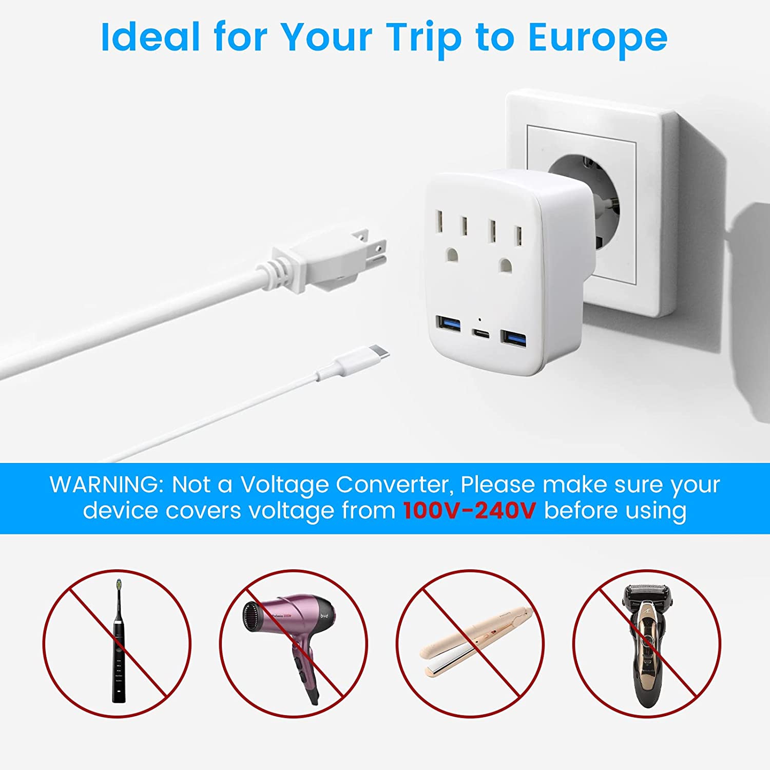 Adaptateur de fiche de voyage européen Tedlin USB-C pour US & CA