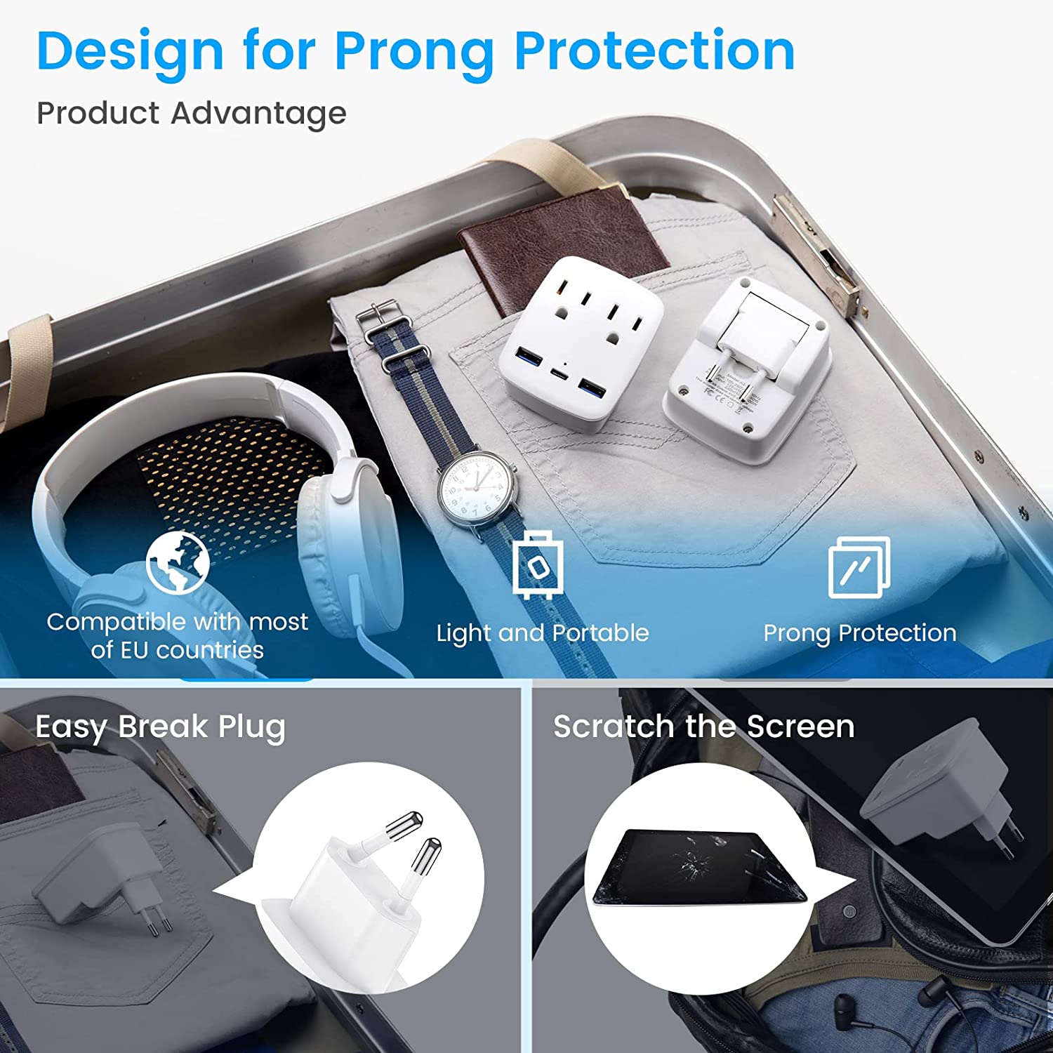 TEDLIN European Travel Plug Adapter with Foldable International Power, 2 Outlets, 3 USB Charger Ports