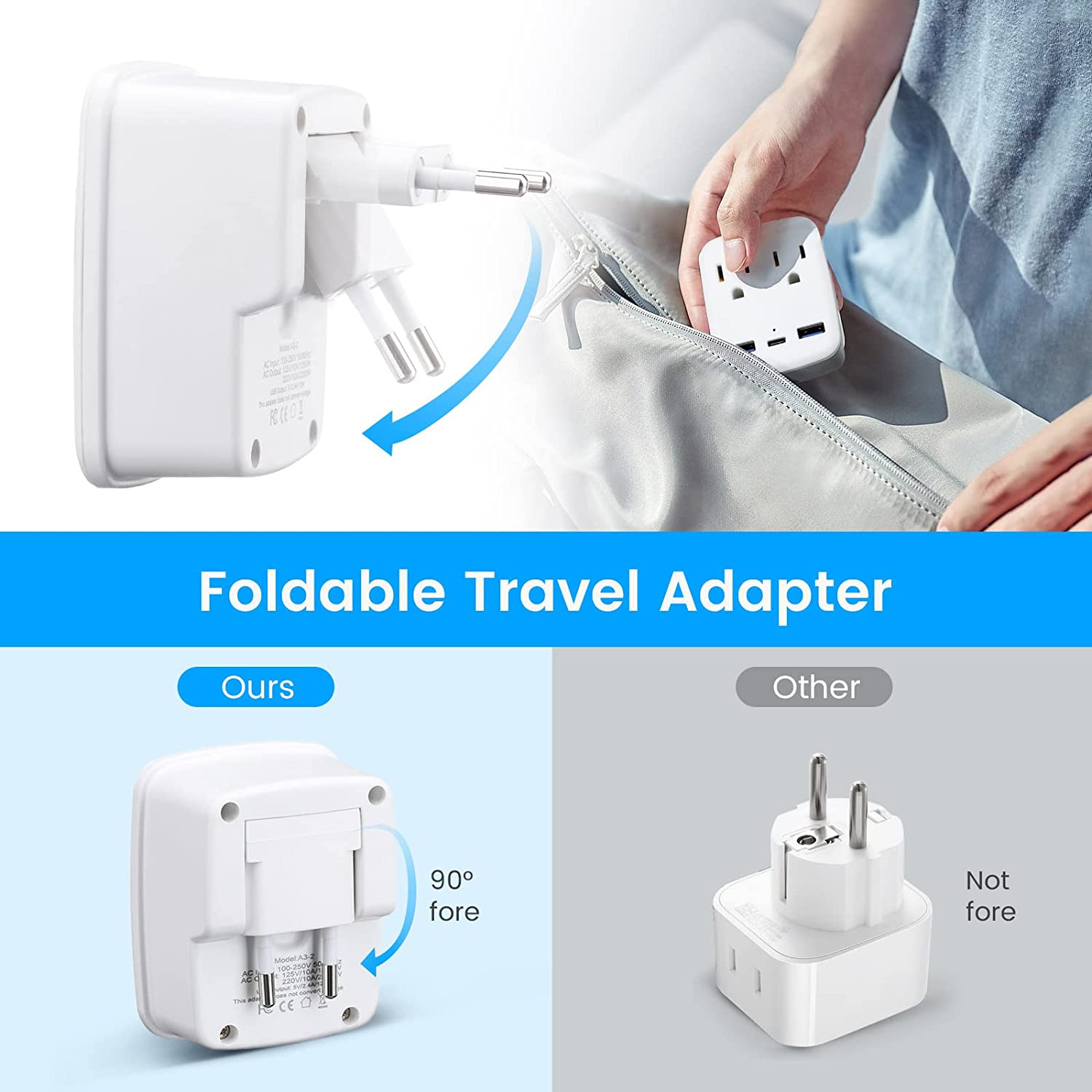 TEDLIN European Travel Plug Adapter with Foldable International Power, 2 Outlets, 3 USB Charger Ports