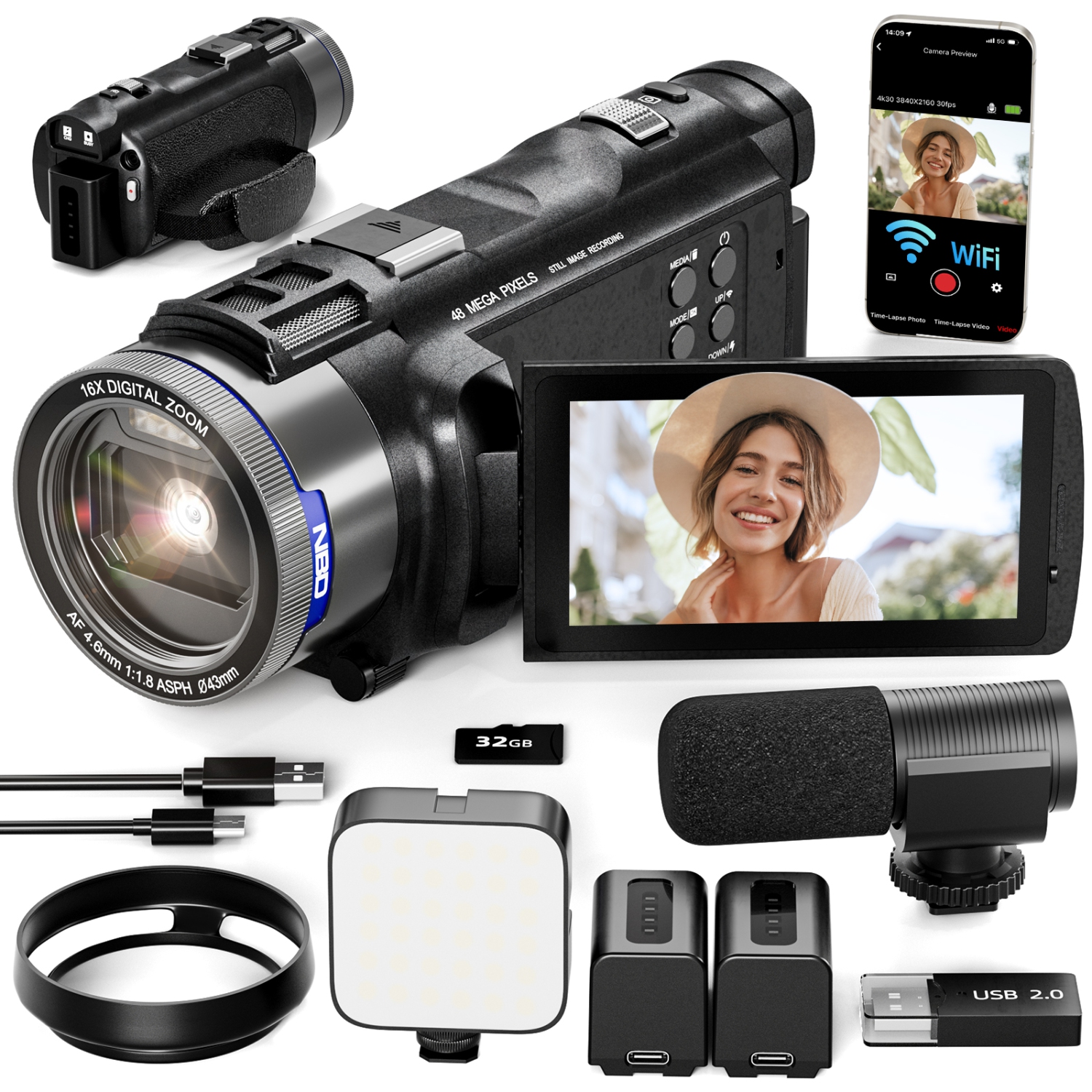 Caméra vidéo 5K 48&nbsp;Mpx - Wi-Fi, écran IPS 270° 3&nbsp;po, zoom automatique 16x, antitremblement, avec 2 piles, carte 32&nbsp;Go et micro,