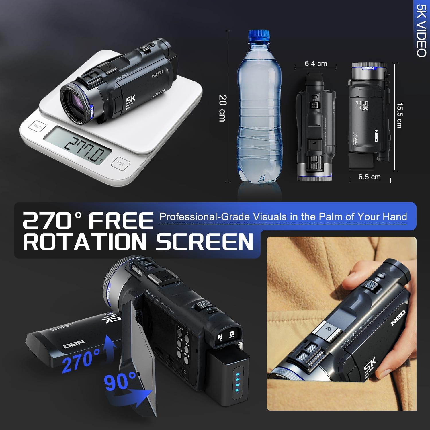 Caméra vidéo 5K 48&nbsp;Mpx - Wi-Fi, écran IPS 270° 3&nbsp;po, zoom automatique 16x, antitremblement, avec 2 piles, carte 32&nbsp;Go et micro,