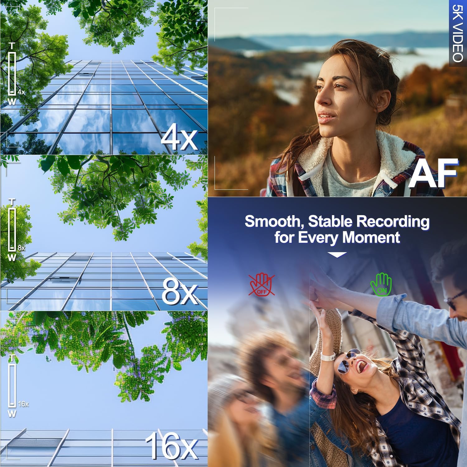 Caméra vidéo 5K 48&nbsp;Mpx - Wi-Fi, écran IPS 270° 3&nbsp;po, zoom automatique 16x, antitremblement, avec 2 piles, carte 32&nbsp;Go et micro,