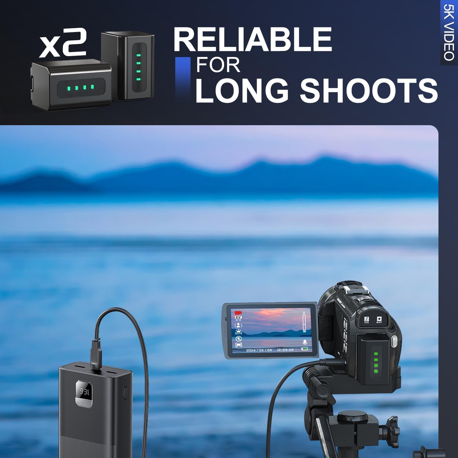 Caméra vidéo 5K 48&nbsp;Mpx - Wi-Fi, écran IPS 270° 3&nbsp;po, zoom automatique 16x, antitremblement, avec 2 piles, carte 32&nbsp;Go et micro,