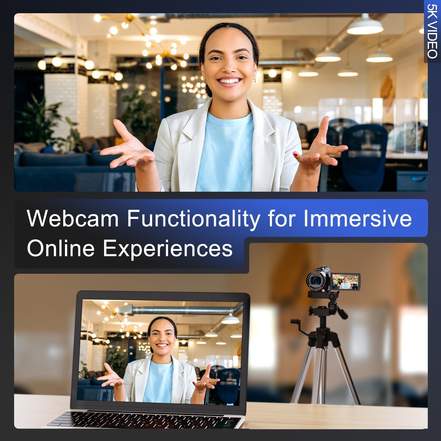 Caméra vidéo 5K 48&nbsp;Mpx - Wi-Fi, écran IPS 270° 3&nbsp;po, zoom automatique 16x, antitremblement, avec 2 piles, carte 32&nbsp;Go et micro,