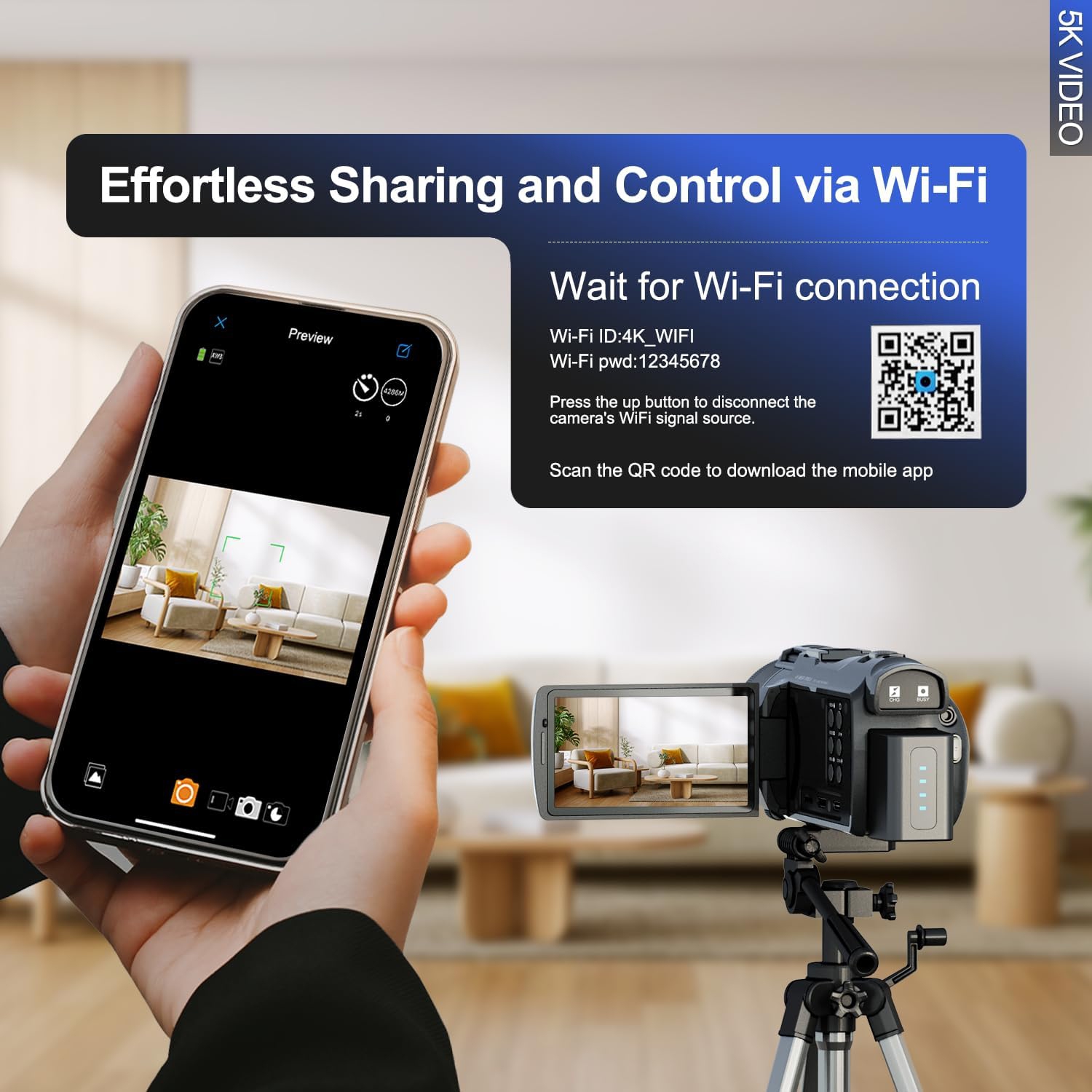 Caméra vidéo 5K 48&nbsp;Mpx - Wi-Fi, écran IPS 270° 3&nbsp;po, zoom automatique 16x, antitremblement, avec 2 piles, carte 32&nbsp;Go et micro,