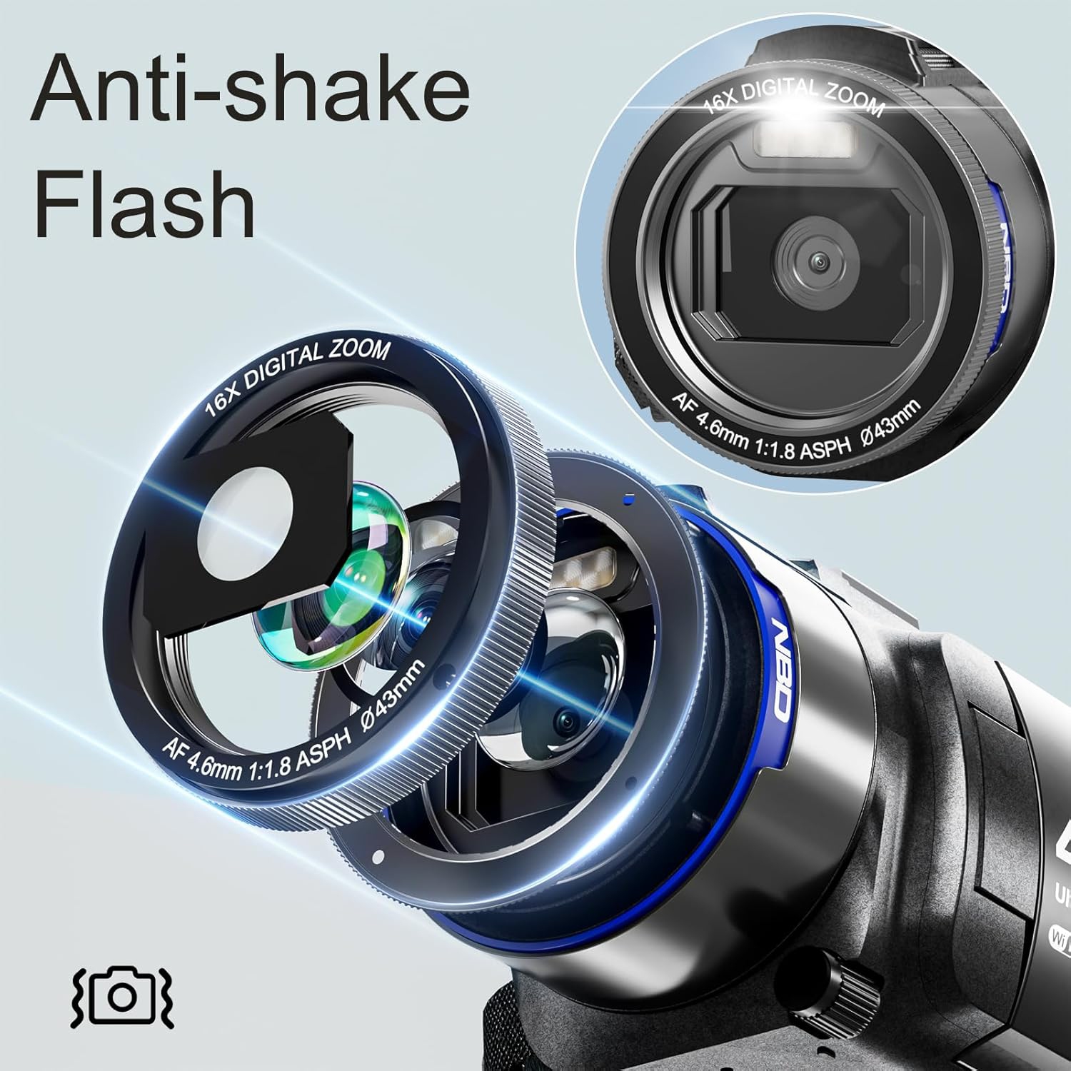 Caméra vidéo 5K 48&nbsp;Mpx - Wi-Fi, écran IPS 270° 3&nbsp;po, zoom automatique 16x, antitremblement, avec 2 piles, carte 32&nbsp;Go et micro,