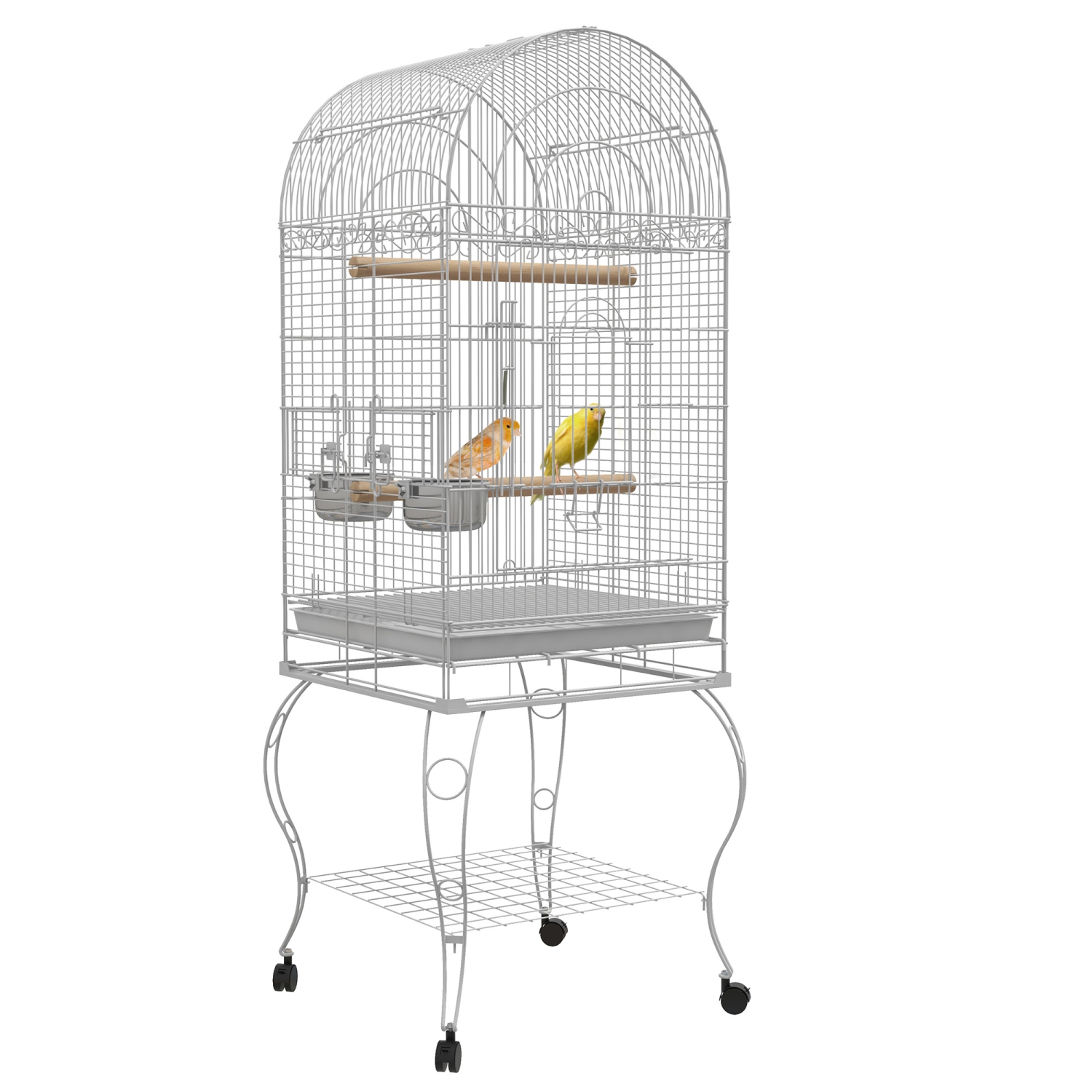 PawHut Play Open Top Bird Cage 60" Parrot Cage for Cockatiel, Sun Conure with Rolling Stand, Removable Tray, Perches, Storage Shelf White, 20.1" x 20.1"