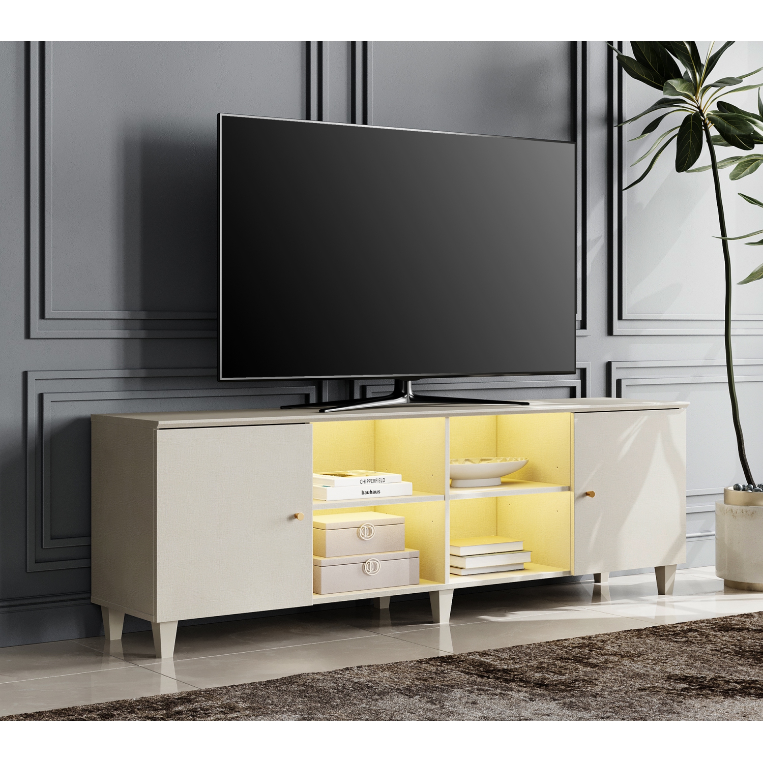 WAMPAT Mid-Century TV Stand with Yellow LED Light，Modern Entertainment Center with Door Storage and Open Shelf for up to 75 Inch TV, TV Console Table