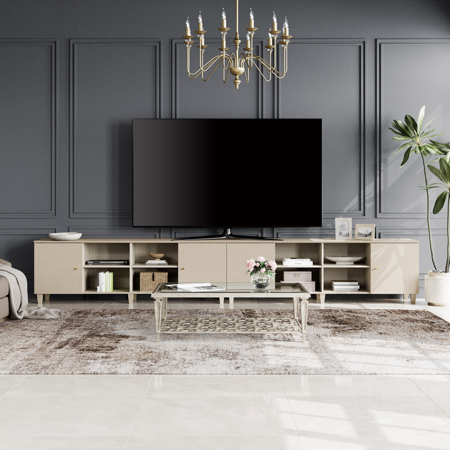 WAMPAT Mid Century Modern TV Stand Set of 2, Linen White Entertainment Center for 70 75 80 85 100 Inch TV Console Table Farmhouse Storage for Living Room Bedroom