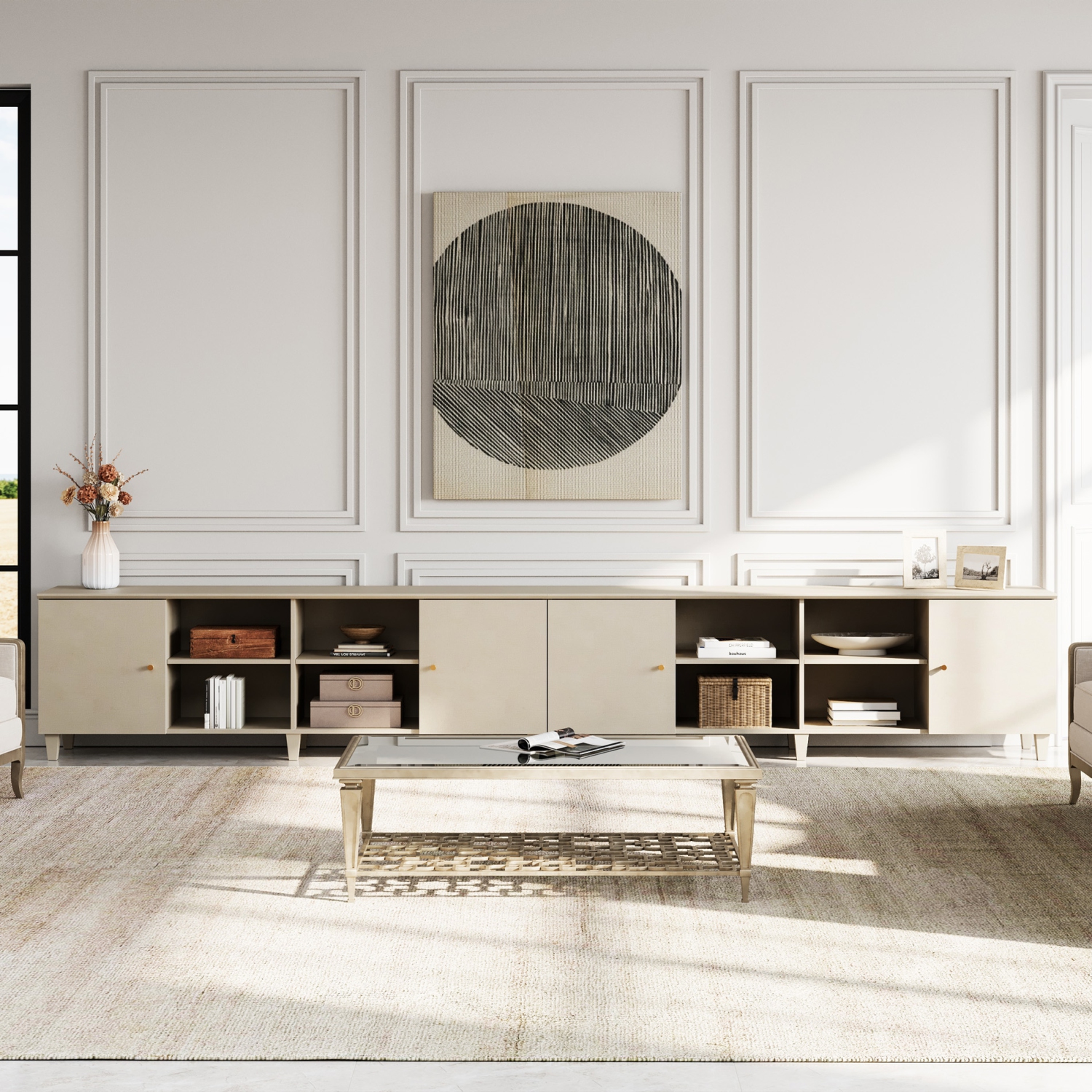 WAMPAT Mid Century Modern TV Stand Set of 2, Linen White Entertainment Center for 70 75 80 85 100 Inch TV Console Table Farmhouse Storage for Living