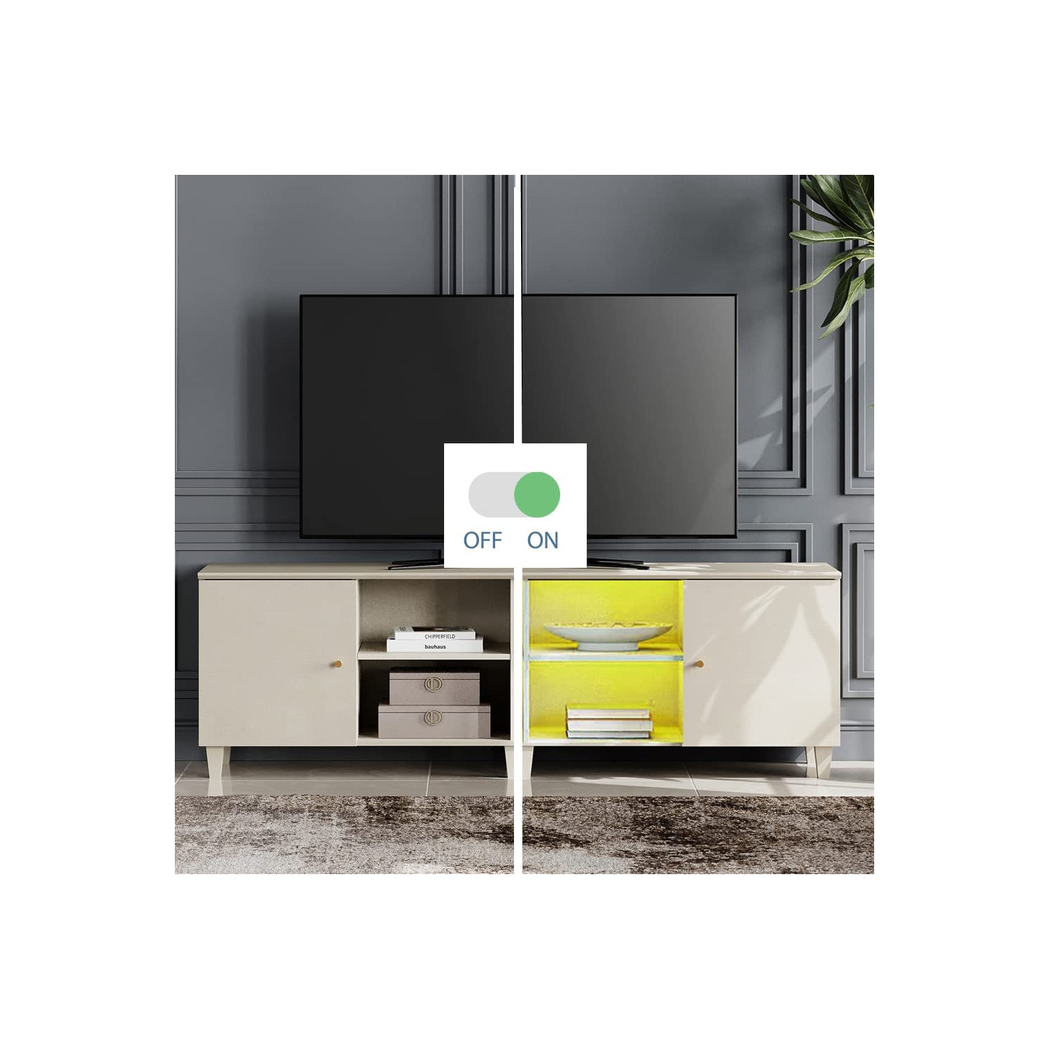 WAMPAT Mid Century Modern LED TV Stand Set of 2, Beige Entertainment Center for up to 100 Inch TV Console with Storage Cabinets Media Console for