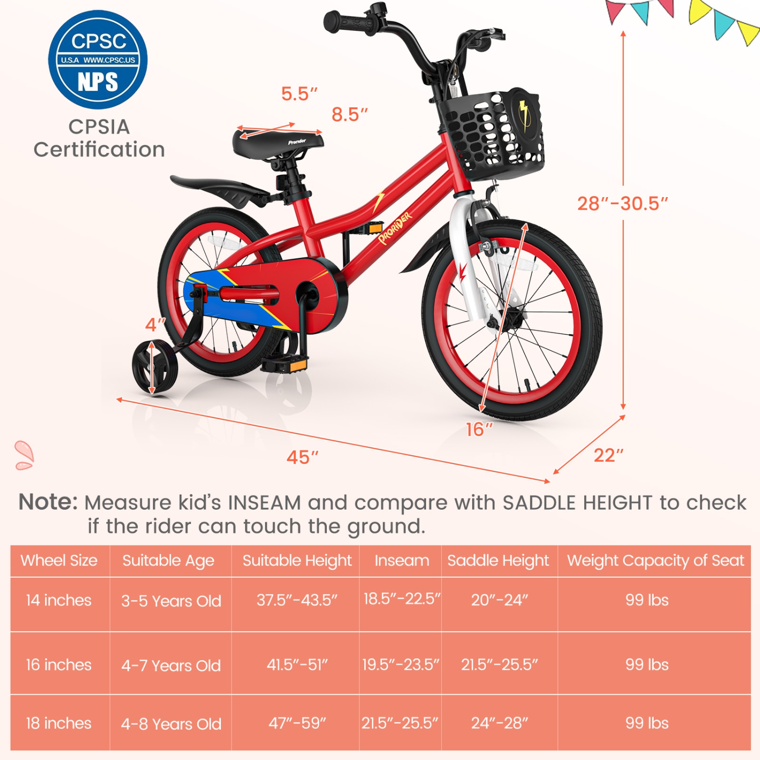 Costway 16" Kid's Bike with Removable Training Wheels & Basket for 4-7 Years Old