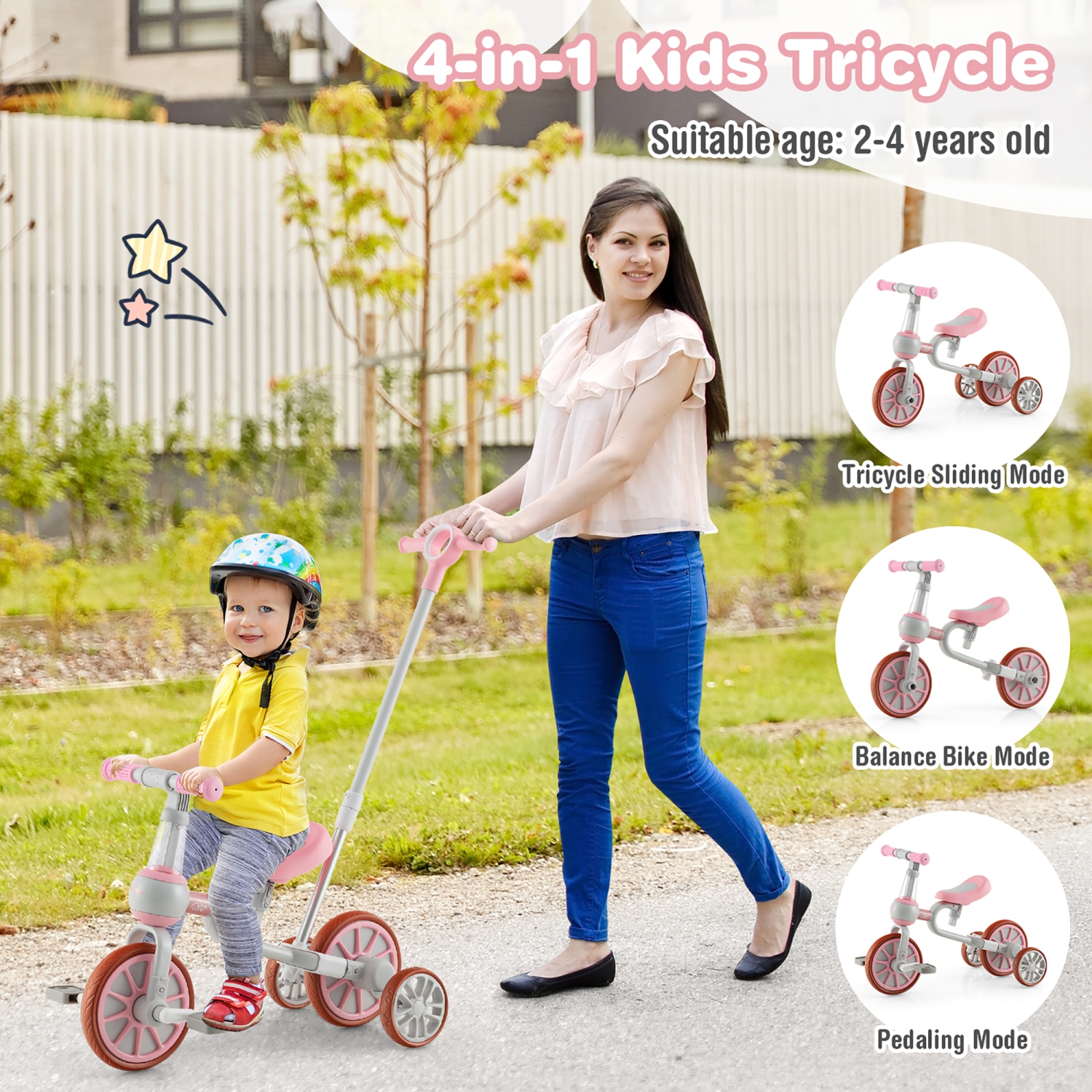 Tricycles 4-en-1 pour enfants avec poignée-poussoir et roues d'entraînement pour bébé de Costway