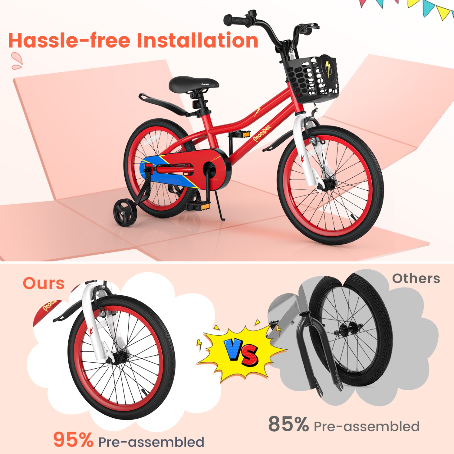 Costway 18" Kid's Bike with Removable Training Wheels & Basket for 4-8 Years Old