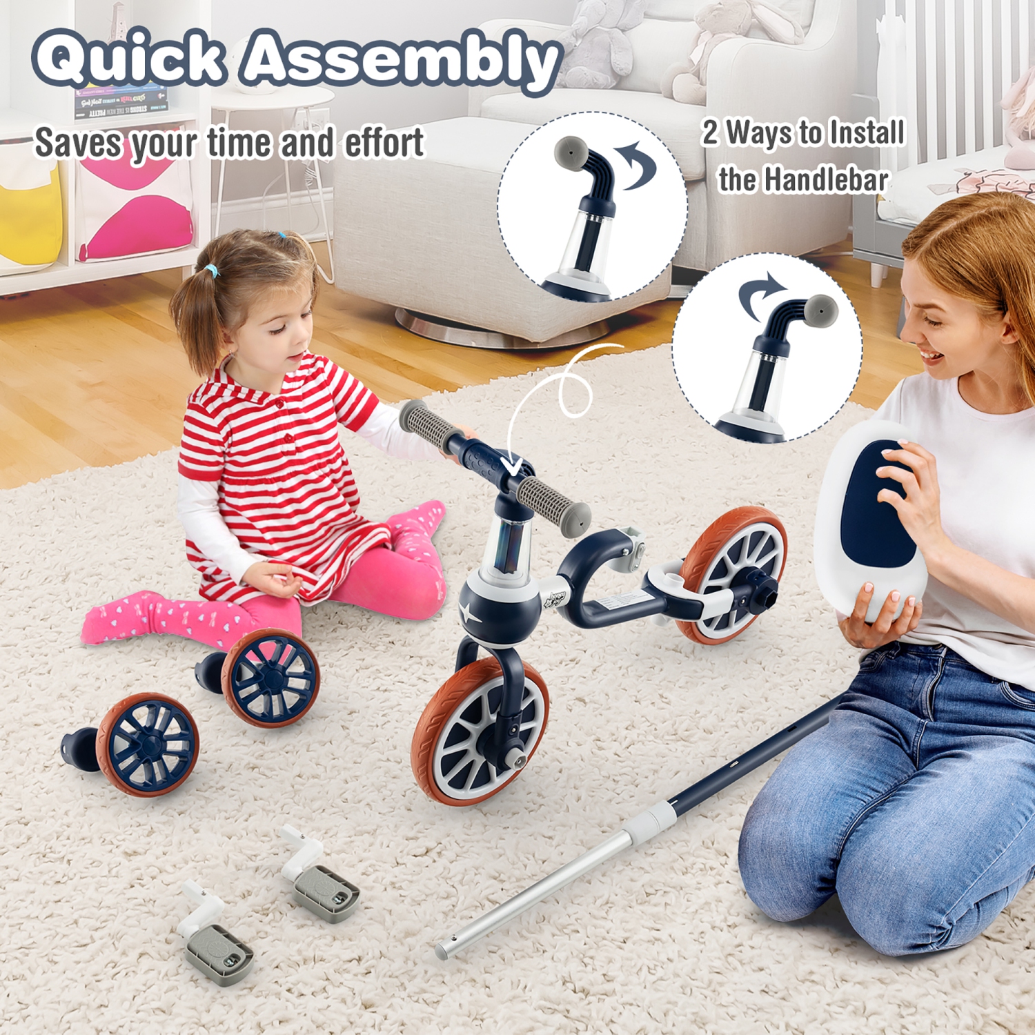 Costway 4 in 1 Kids Tricycles with Push Handle & Training Wheels Baby Balance Bike