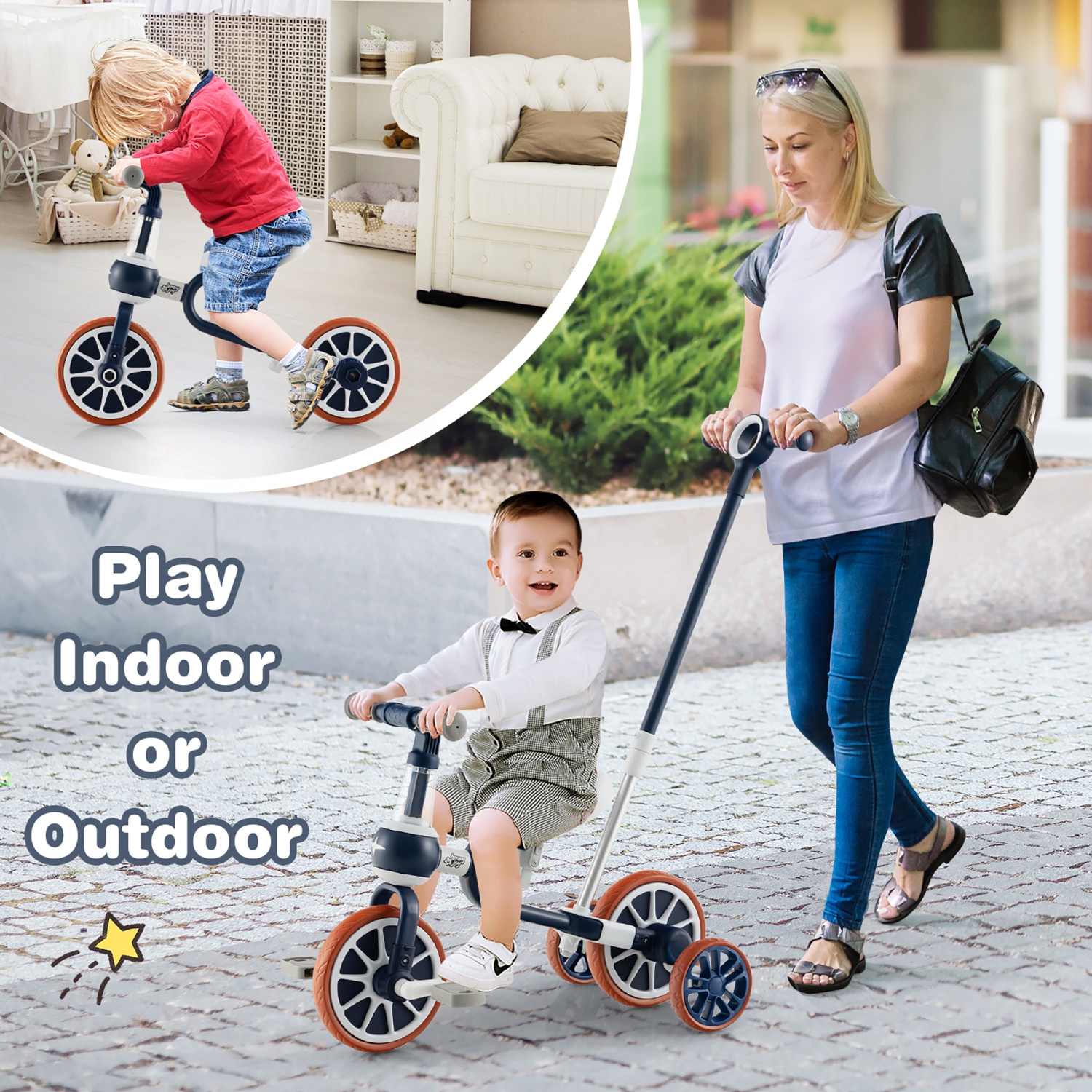 Costway 4 in 1 Kids Tricycles with Push Handle & Training Wheels Baby Balance Bike