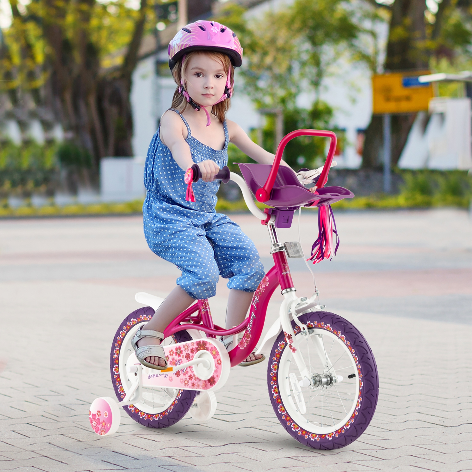 Costway 16" Kids Bike with Doll Seat Girls Bicycle with Training Wheels for 4-7 Years Old Girl
