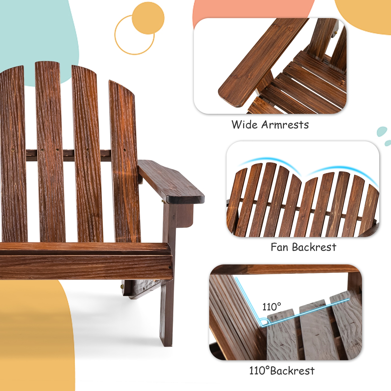 Costway 2 Person Adirondack Chair Kid Solid Wood Loveseat Backrest Arm Rest Patio