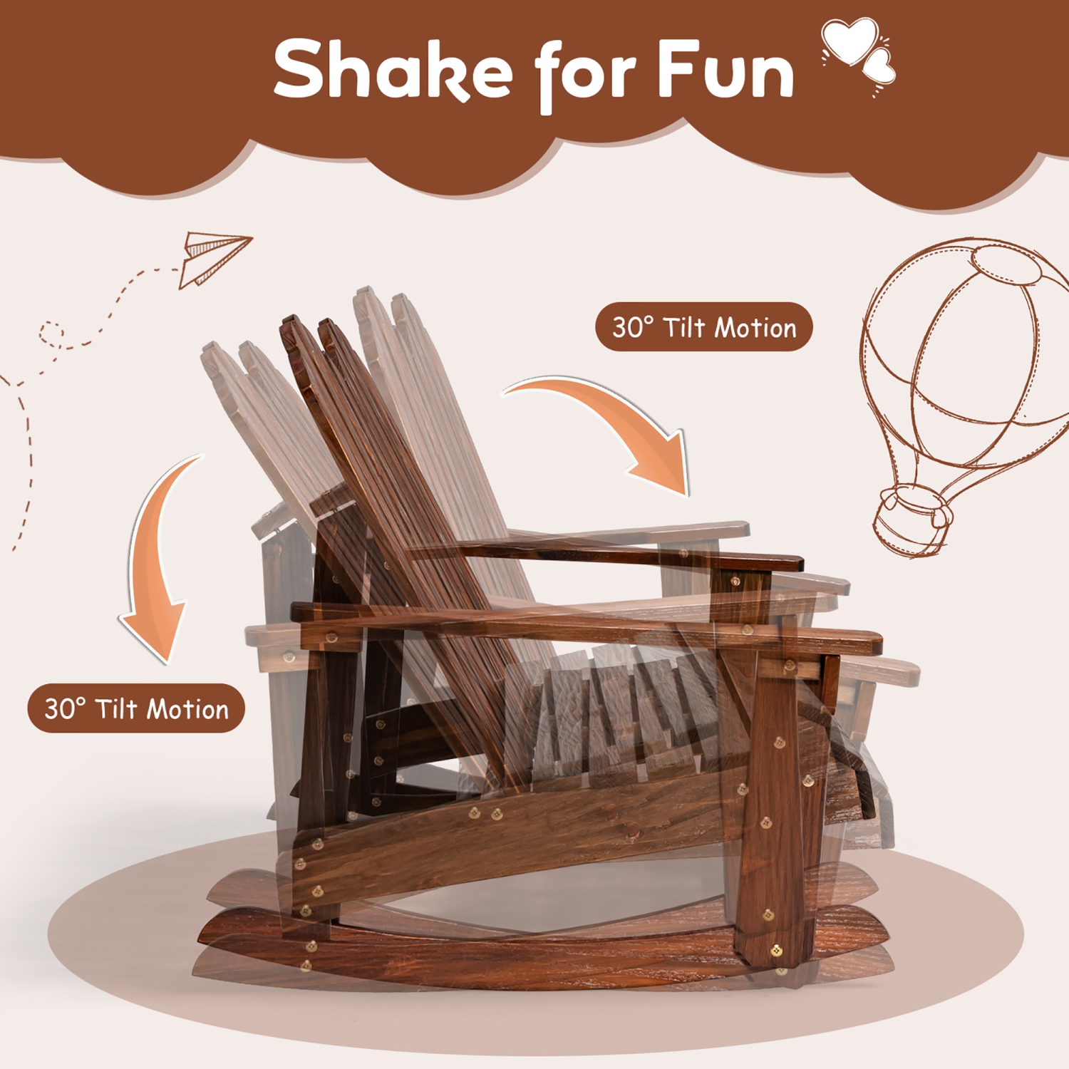 Fauteuil berçant Adirondack pour 2 personnes avec accoudoirs et dossier extérieur en bois massif de Costway