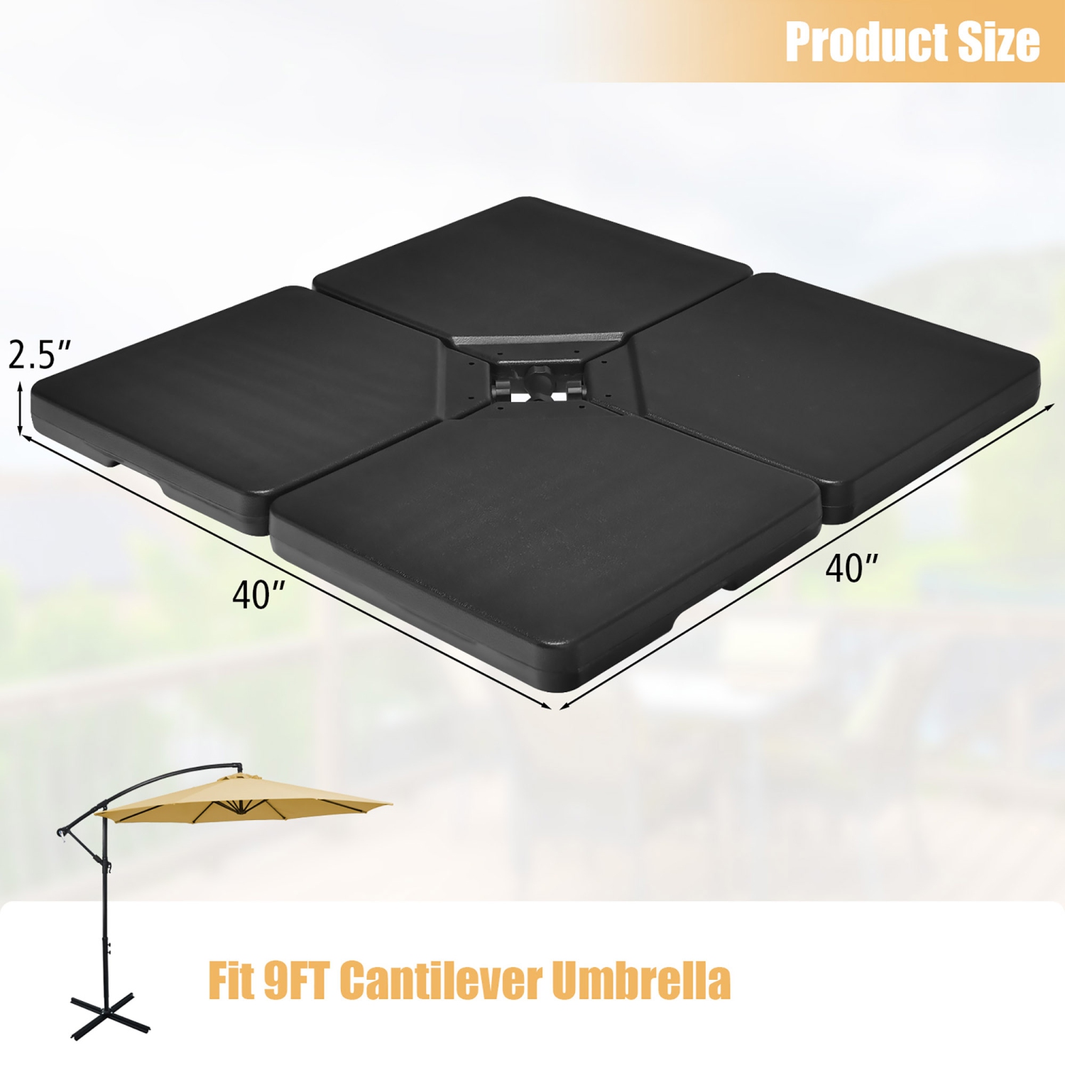 Costway Patio 4pcs 13L Cantilever Offset Umbrella Base Heavy Duty Outdoor Square Black