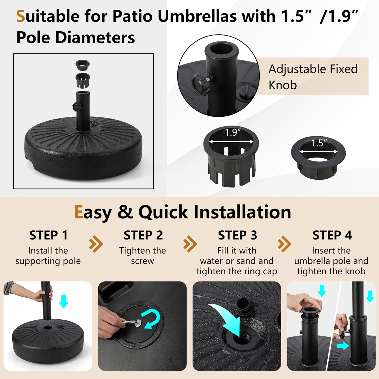 Costway 20" Patio Fillable Round Umbrella Base Stand Holder Fit Pole 1.5"/1.9" Outdoor