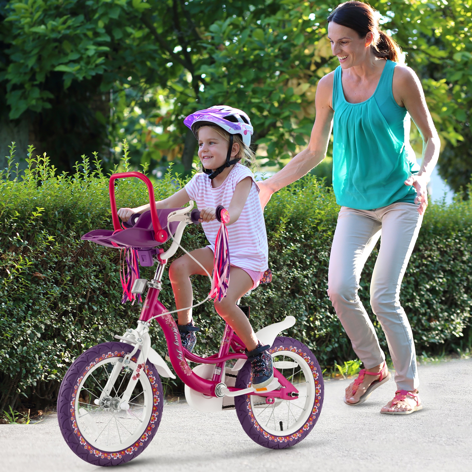 Vélo pour enfants de 14 po avec siège de poupée pour filles et roues d'entraînement de Costway pour filles de 3-5 ans