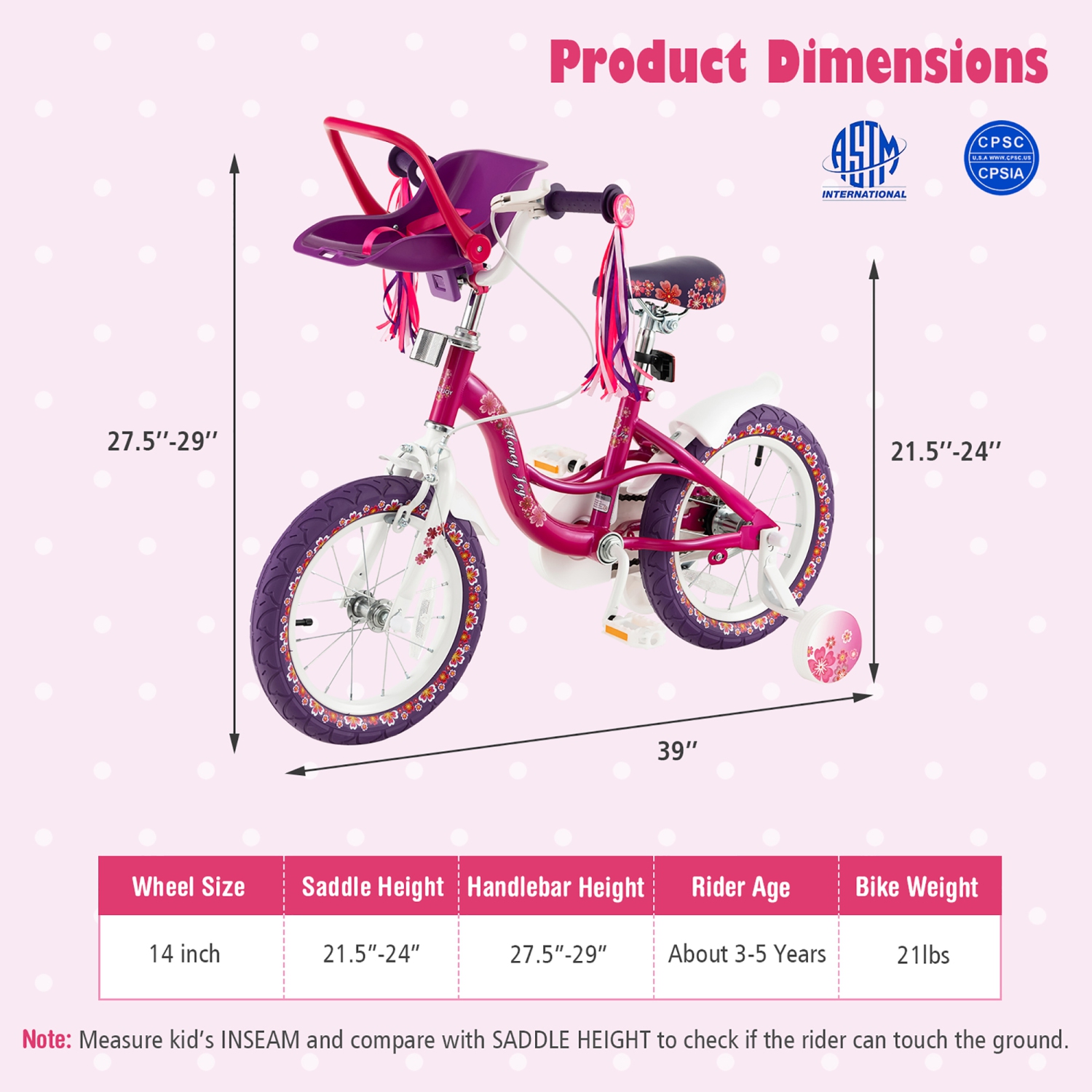 Vélo pour enfants de 14 po avec siège de poupée pour filles et roues d'entraînement de Costway pour filles de 3-5 ans