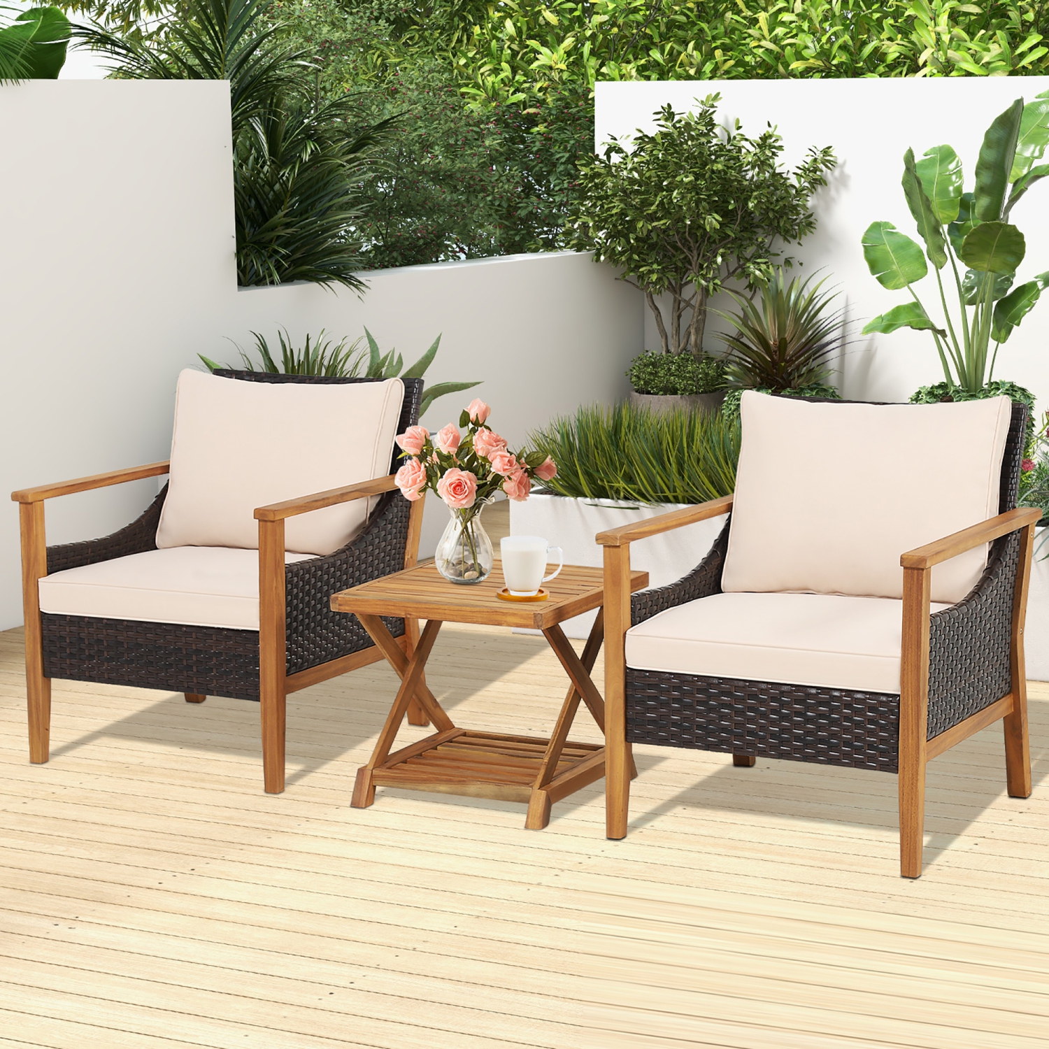 Costway 3PCS Patio Wicker Furniture Set Cushioned Armchairs with 2-Tier Side Table Balcony