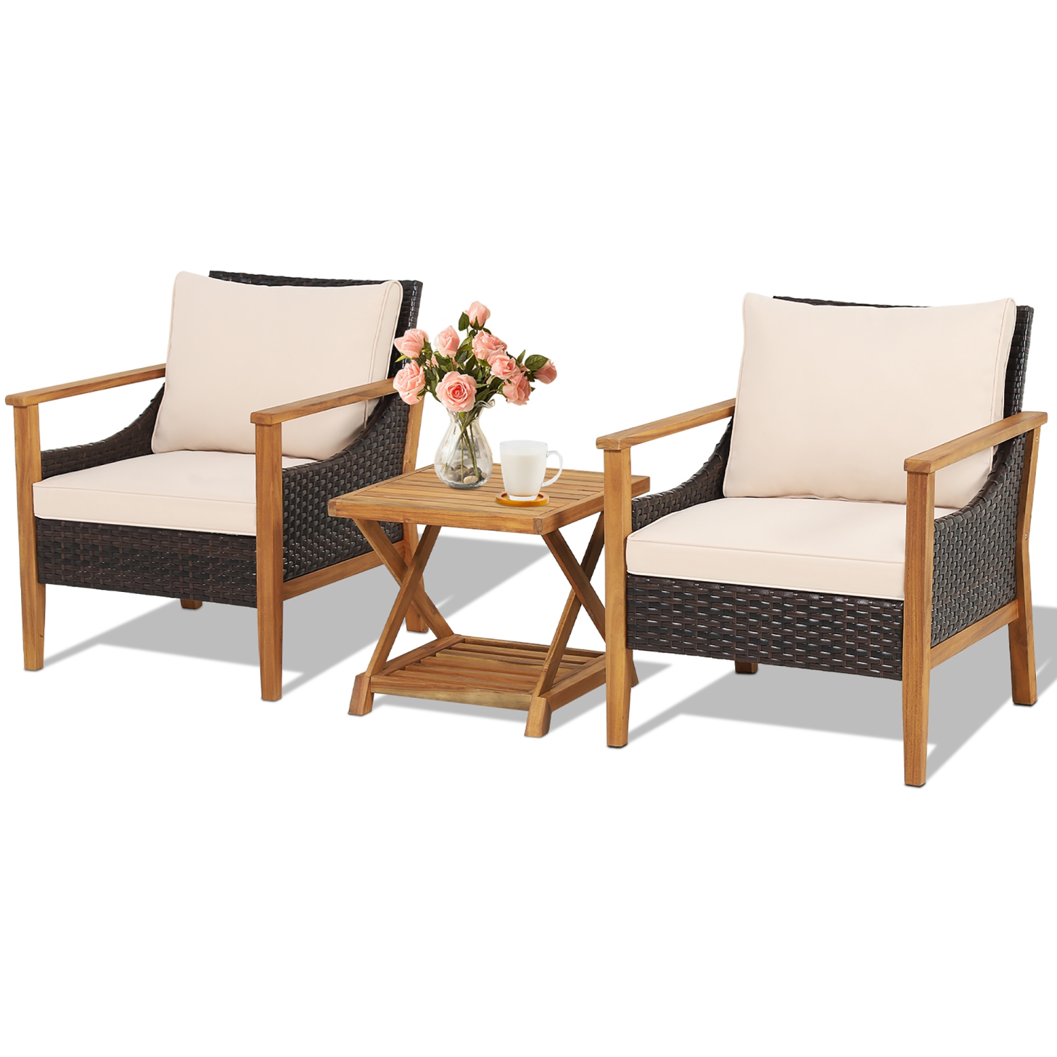 Costway 3PCS Patio Wicker Furniture Set Cushioned Armchairs with 2-Tier Side Table Balcony