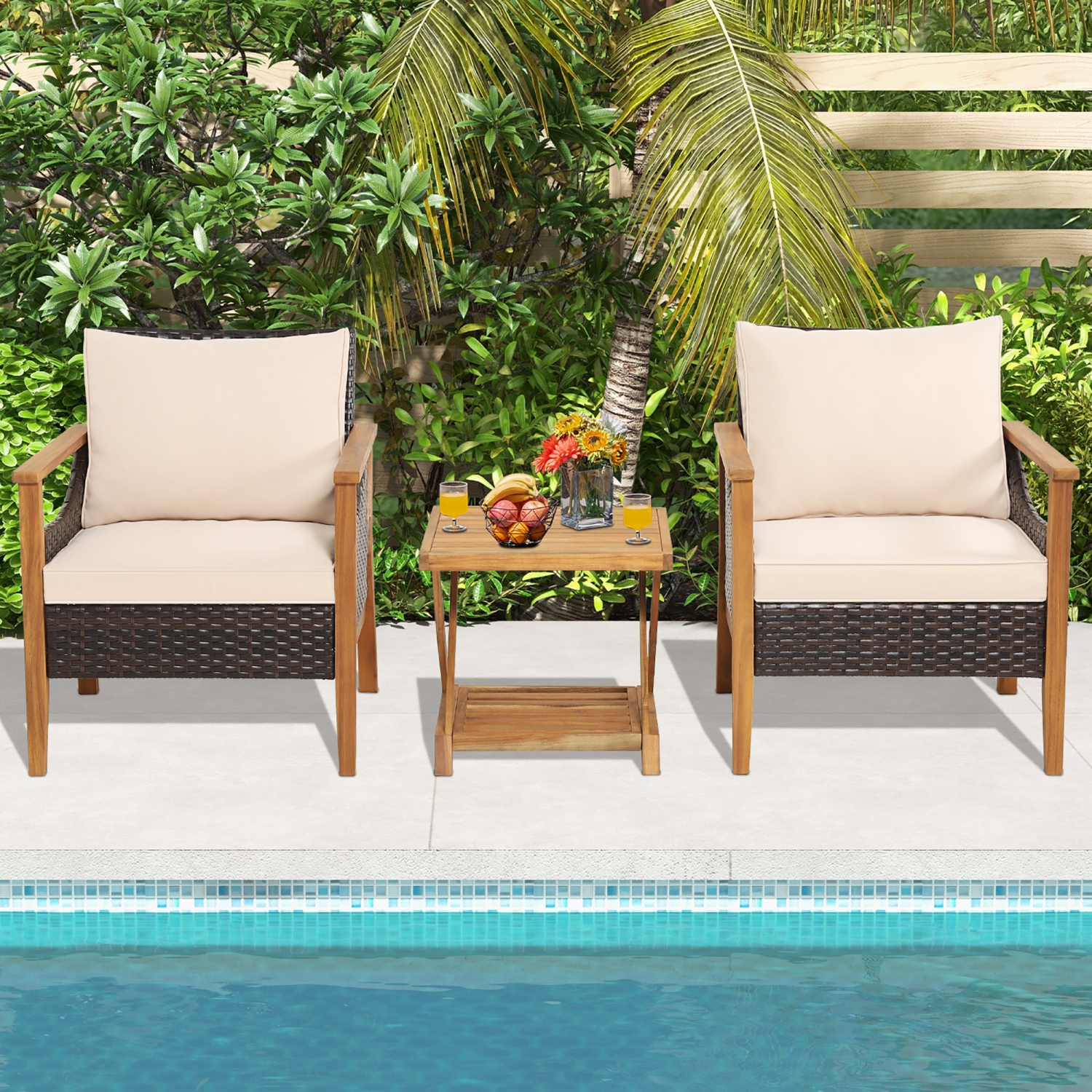 Costway 3PCS Patio Wicker Furniture Set Cushioned Armchairs with 2-Tier Side Table Balcony